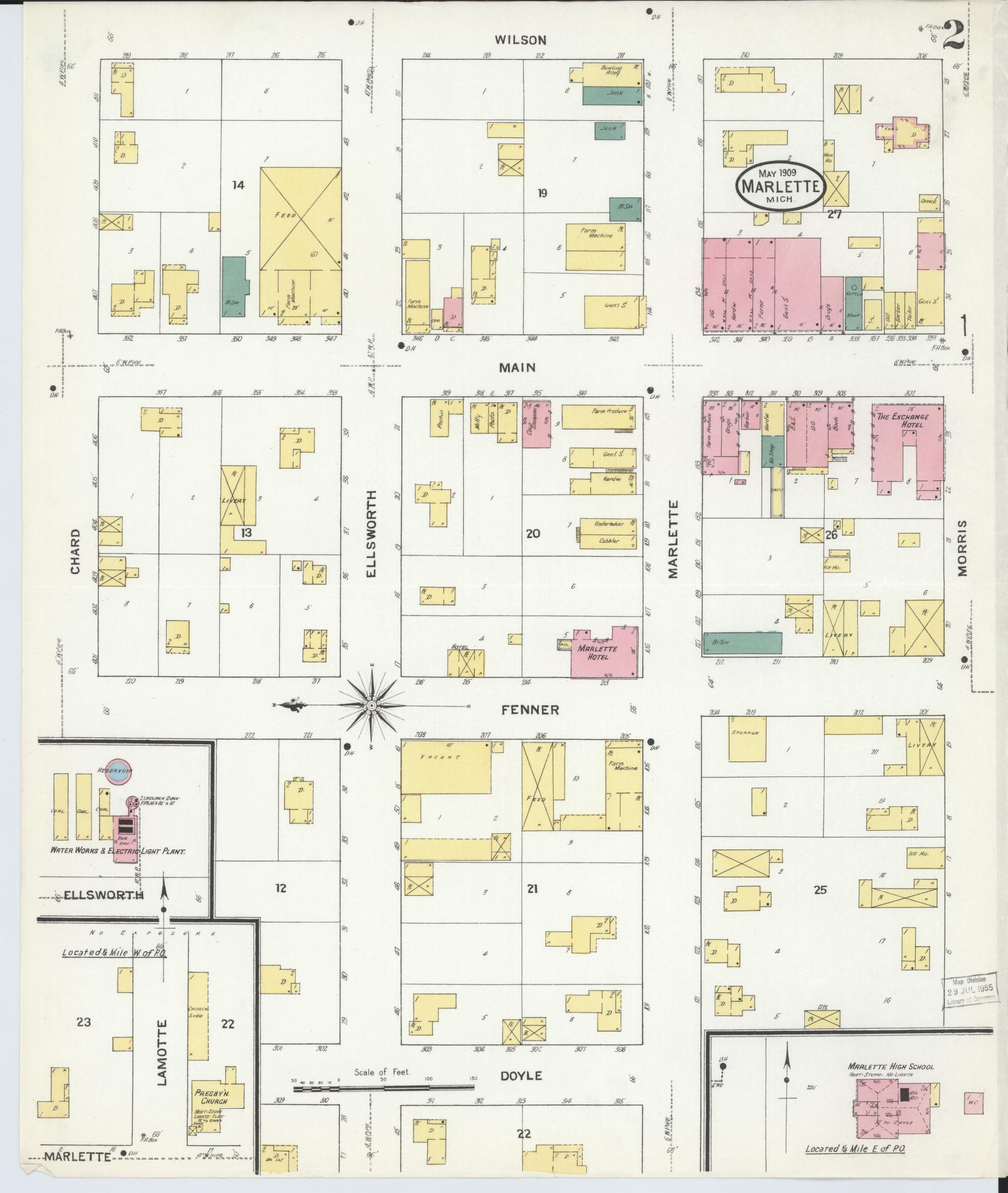 Sanborn Fire Insurance Map from Marlette, Sanilac County, Michigan (1909), Sheet #0002 - Complete Map Set gallery image, historic Sanborn map, vintage wall art, Michigan Michigan