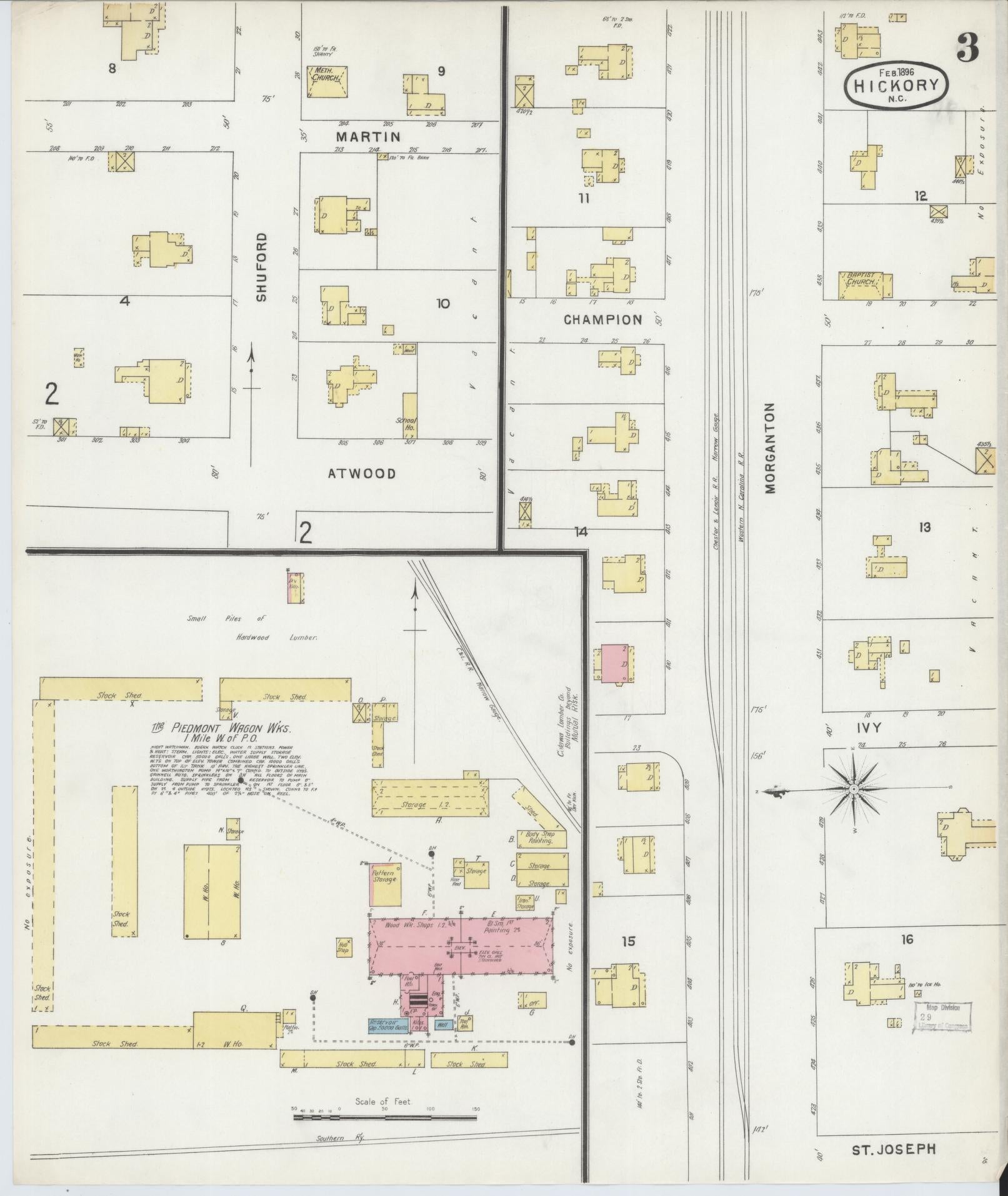 Sanborn Fire Insurance Map from Hickory, Catawba County, North Carolina (1896), Sheet #0003 - Historic Sanborn Fire Insurance Map Print, vintage old map wall art, antique decor, genealogy gift, North Carolina North Carolina map
