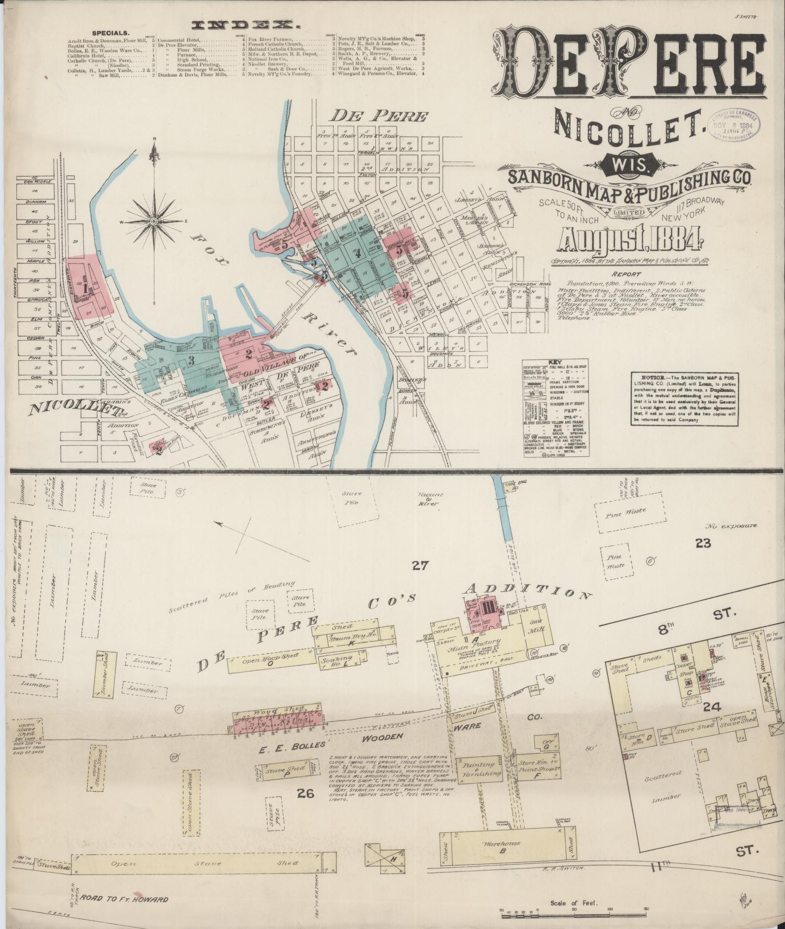 Sanborn Fire Insurance Map from De Pere, Brown County, Wisconsin (1884), Sheet #0001 - Complete Map Set gallery image, historic Sanborn map, vintage wall art, Wisconsin Wisconsin