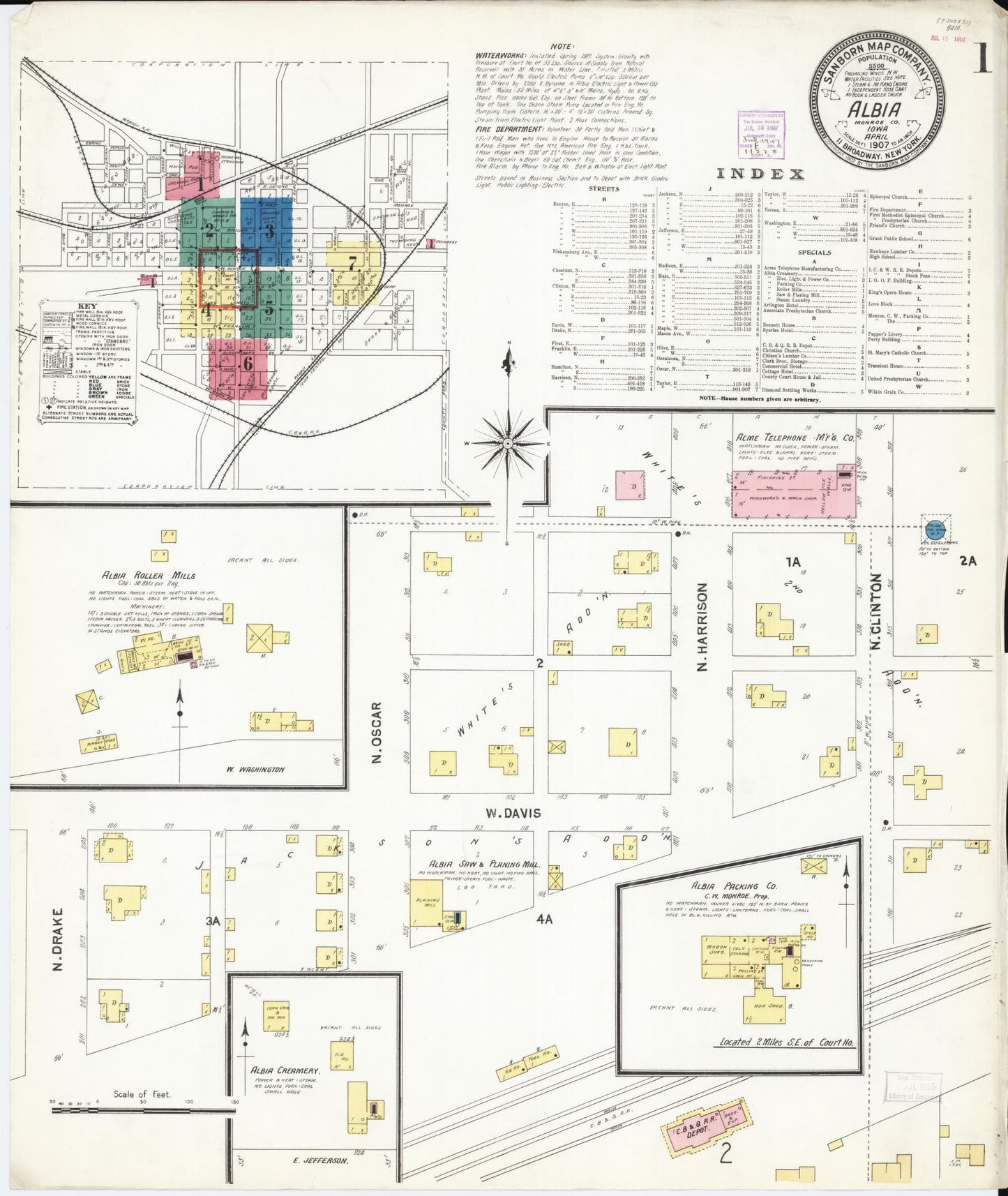 Sanborn Fire Insurance Map from Albia, Monroe County, Iowa (1907), Sheet #0001 - Historic Sanborn Fire Insurance Map Print