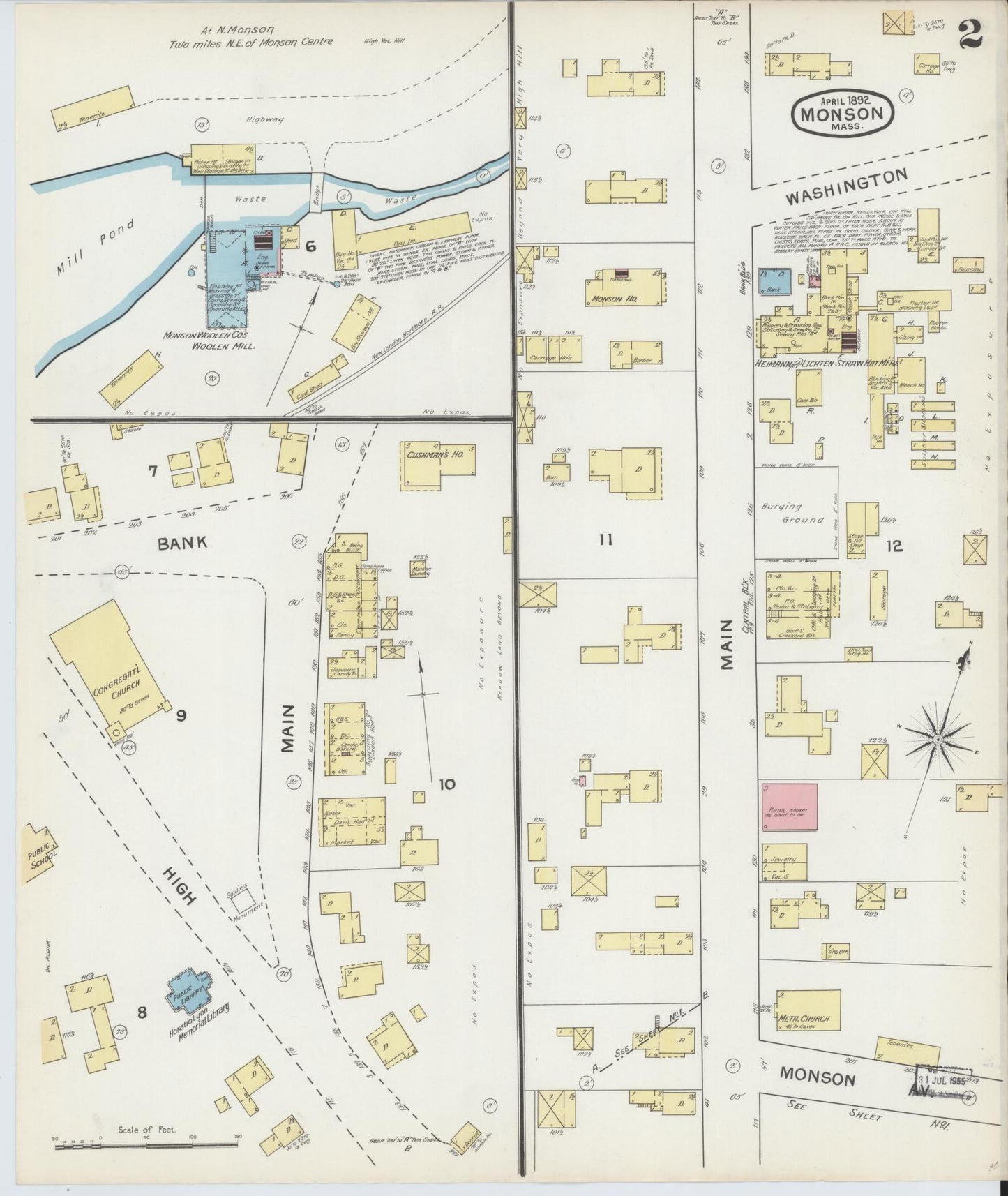 Sanborn Fire Insurance Map from Monson, Hampden County, Massachusetts (1892), Sheet #0002 - Complete Map Set gallery image, historic Sanborn map, vintage wall art, Massachusetts Massachusetts