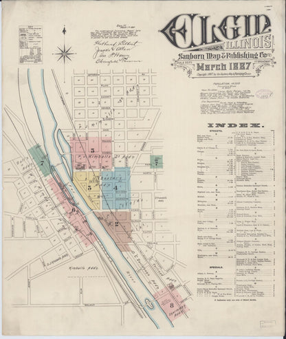 Sanborn Fire Insurance Map from Elgin, Kane County, Illinois (1887), Sheet #0001 - Historic Sanborn Fire Insurance Map Print, vintage old map wall art, antique decor, genealogy gift, Illinois Illinois map