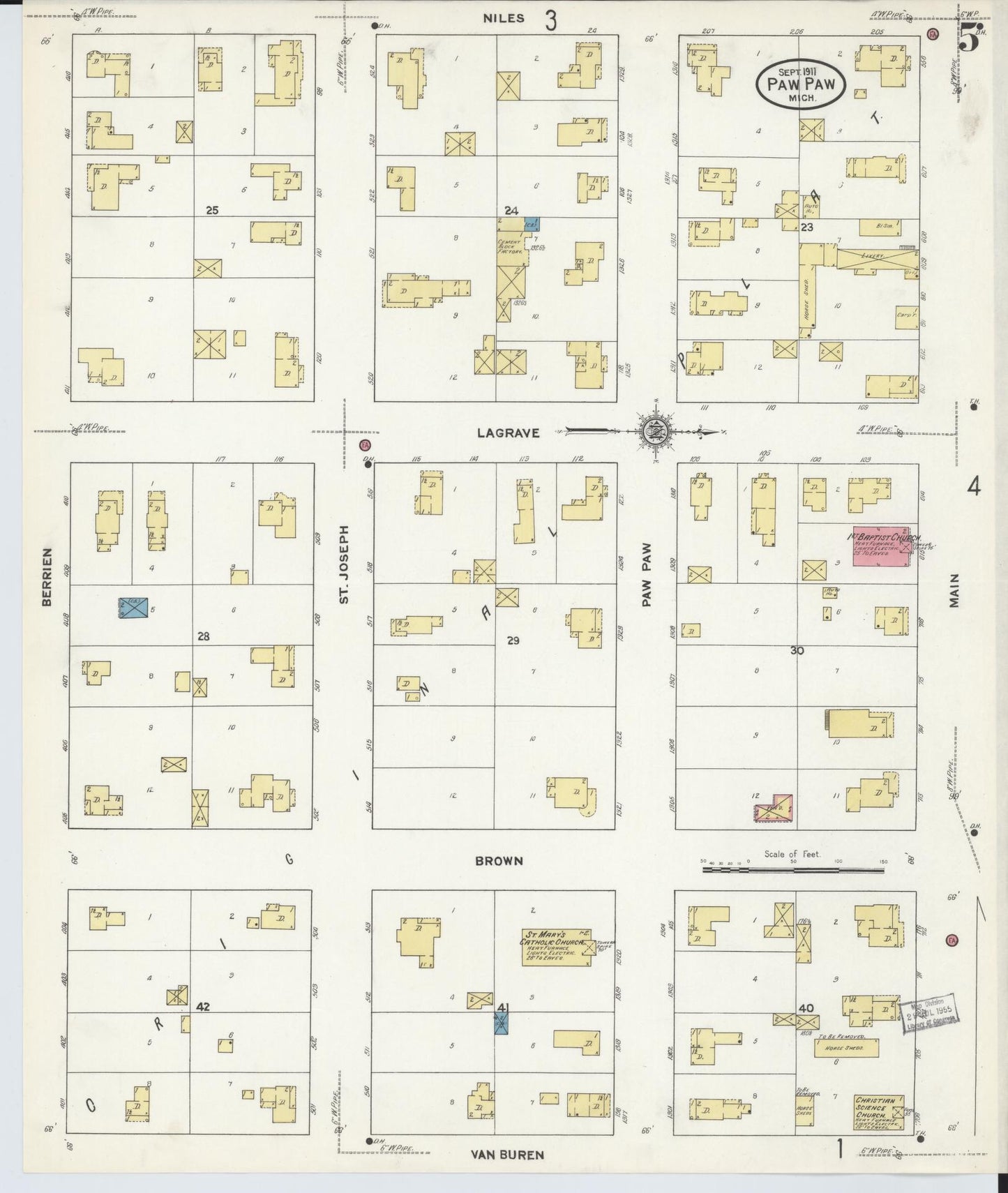 Sanborn Fire Insurance Map from Paw Paw, Van Buren County, Michigan (1911), Sheet #0005 - Complete Map Set gallery image, historic Sanborn map, vintage wall art, Michigan Michigan