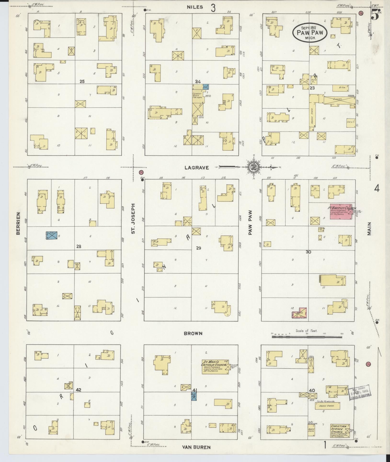 Sanborn Fire Insurance Map from Paw Paw, Van Buren County, Michigan (1911), Sheet #0005 - Complete Map Set gallery image, historic Sanborn map, vintage wall art, Michigan Michigan