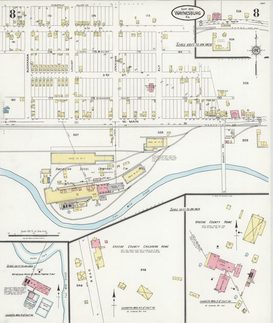 Sanborn Fire Insurance Map from Waynesburg, Greene County, Pennsylvania (1925), Sheet #0008 - Historic Sanborn Fire Insurance Map Print, vintage old map wall art, antique decor, genealogy gift, Pennsylvania Pennsylvania map