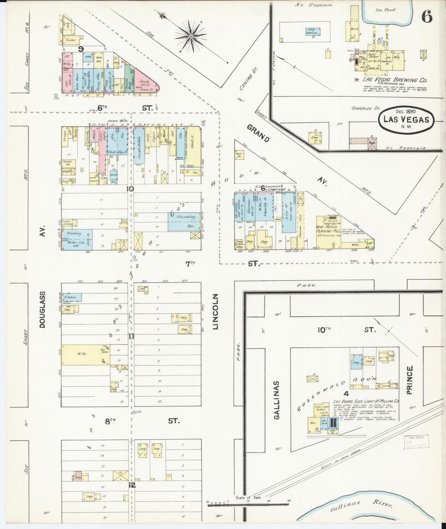 Sanborn Fire Insurance Map from Las Vegas, San Miguel County, New Mexico (1890), Sheet #0006 - Complete Map Set gallery image, historic Sanborn map, vintage wall art, New Mexico New Mexico