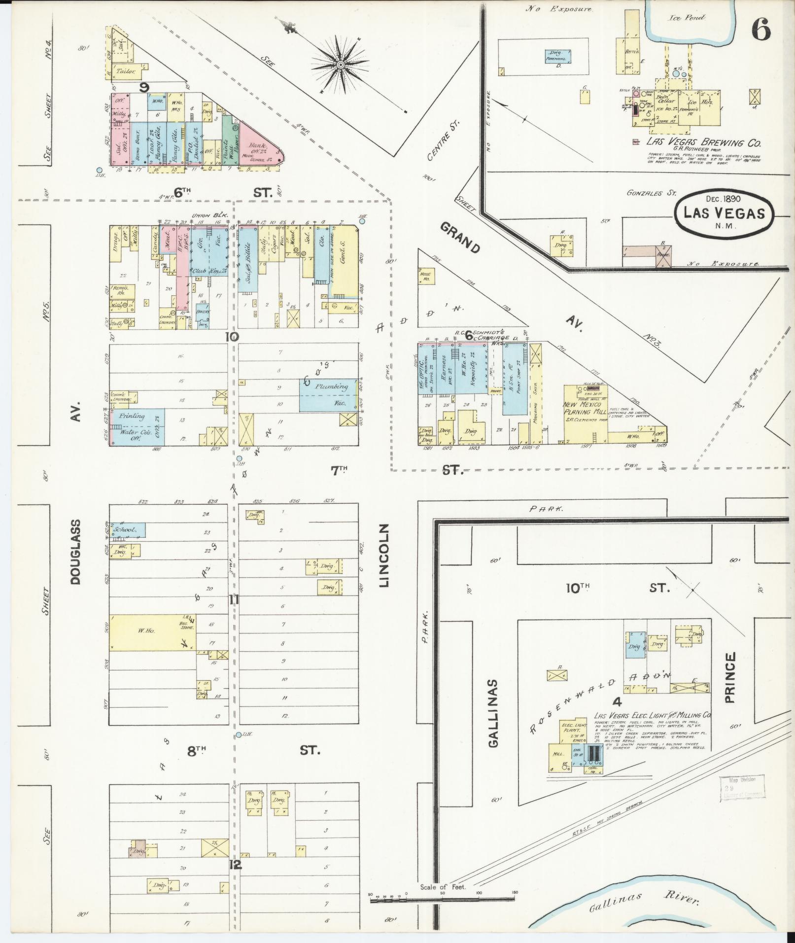 Sanborn Fire Insurance Map from Las Vegas, San Miguel County, New Mexico (1890), Sheet #0006 - Complete Map Set gallery image, historic Sanborn map, vintage wall art, New Mexico New Mexico