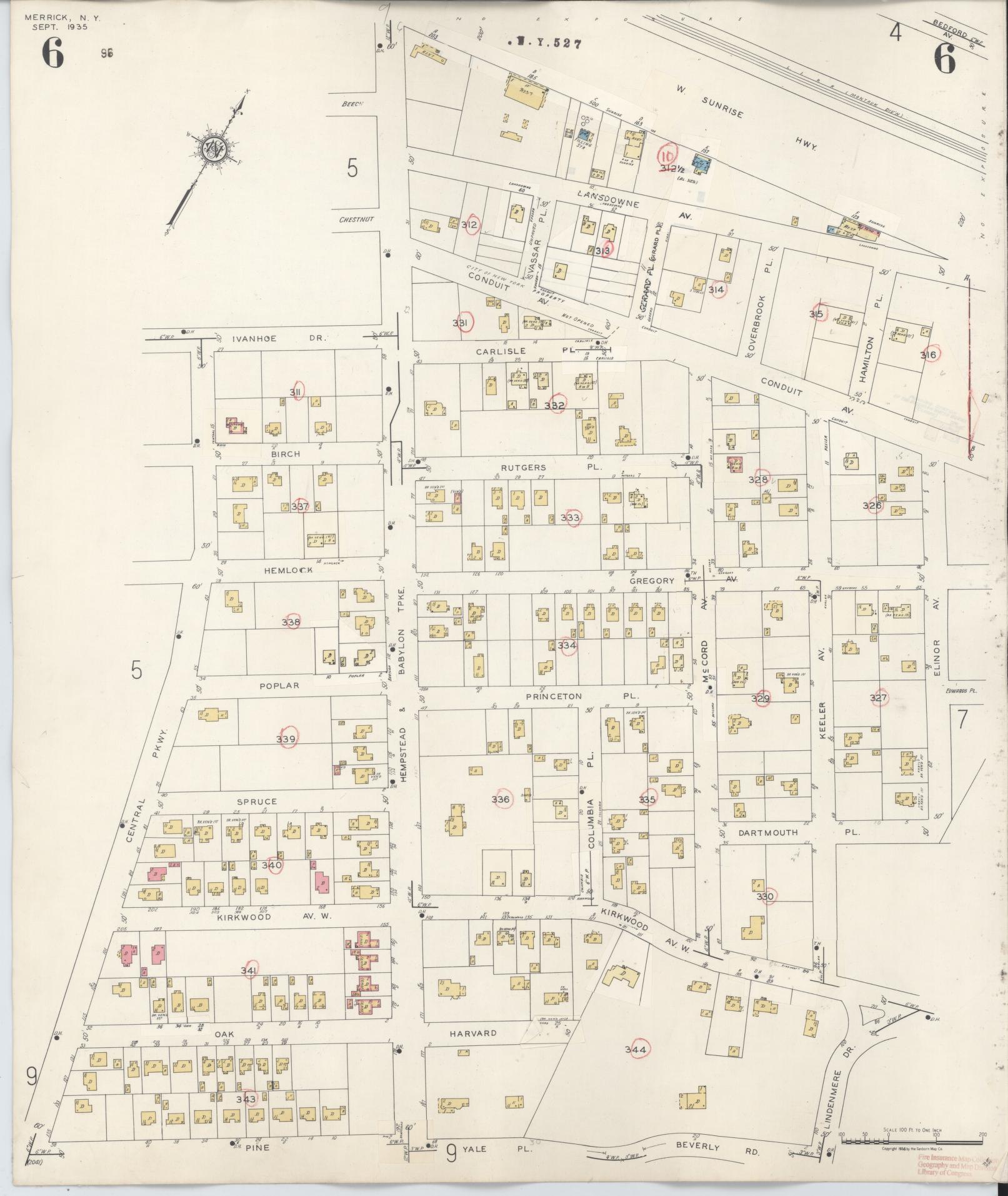 Sanborn Fire Insurance Map from Merrick, Nassau County, New York (1947), Sheet #0006 - Historic Sanborn Fire Insurance Map Print, vintage old map wall art, antique decor, genealogy gift, New York New York map