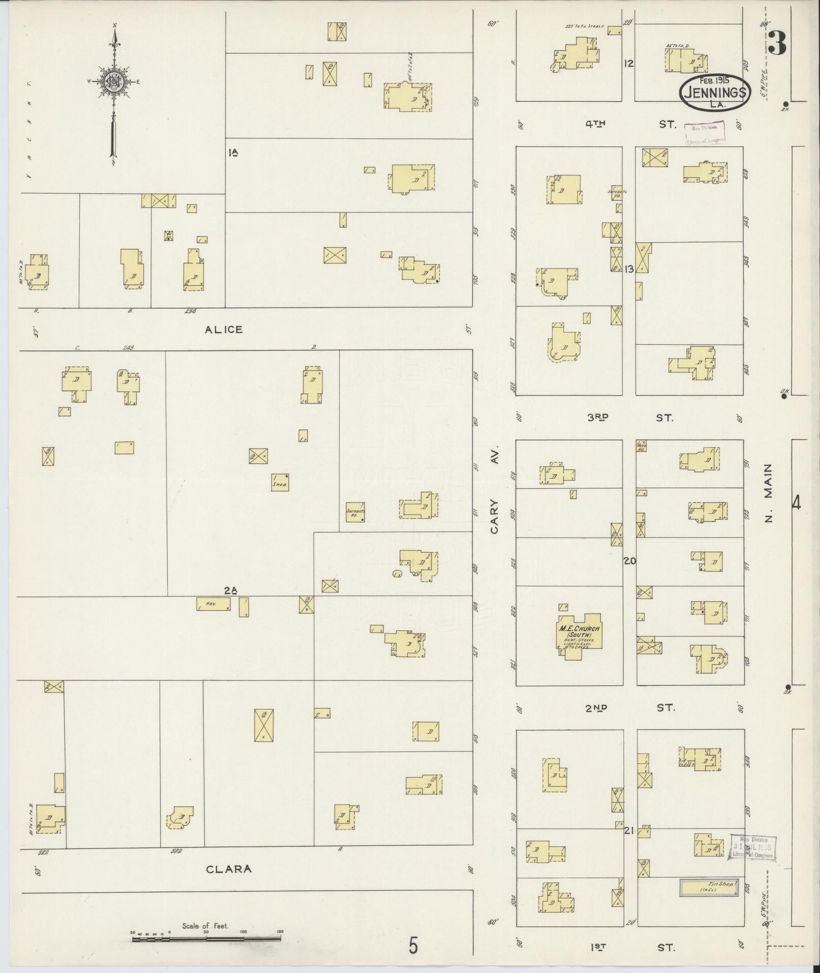 Sanborn Fire Insurance Map from Jennings, Jefferson Davis Parish, Louisiana (1915), Sheet #0003 - Historic Sanborn Fire Insurance Map Print, vintage old map wall art, antique decor, genealogy gift, Louisiana Louisiana map