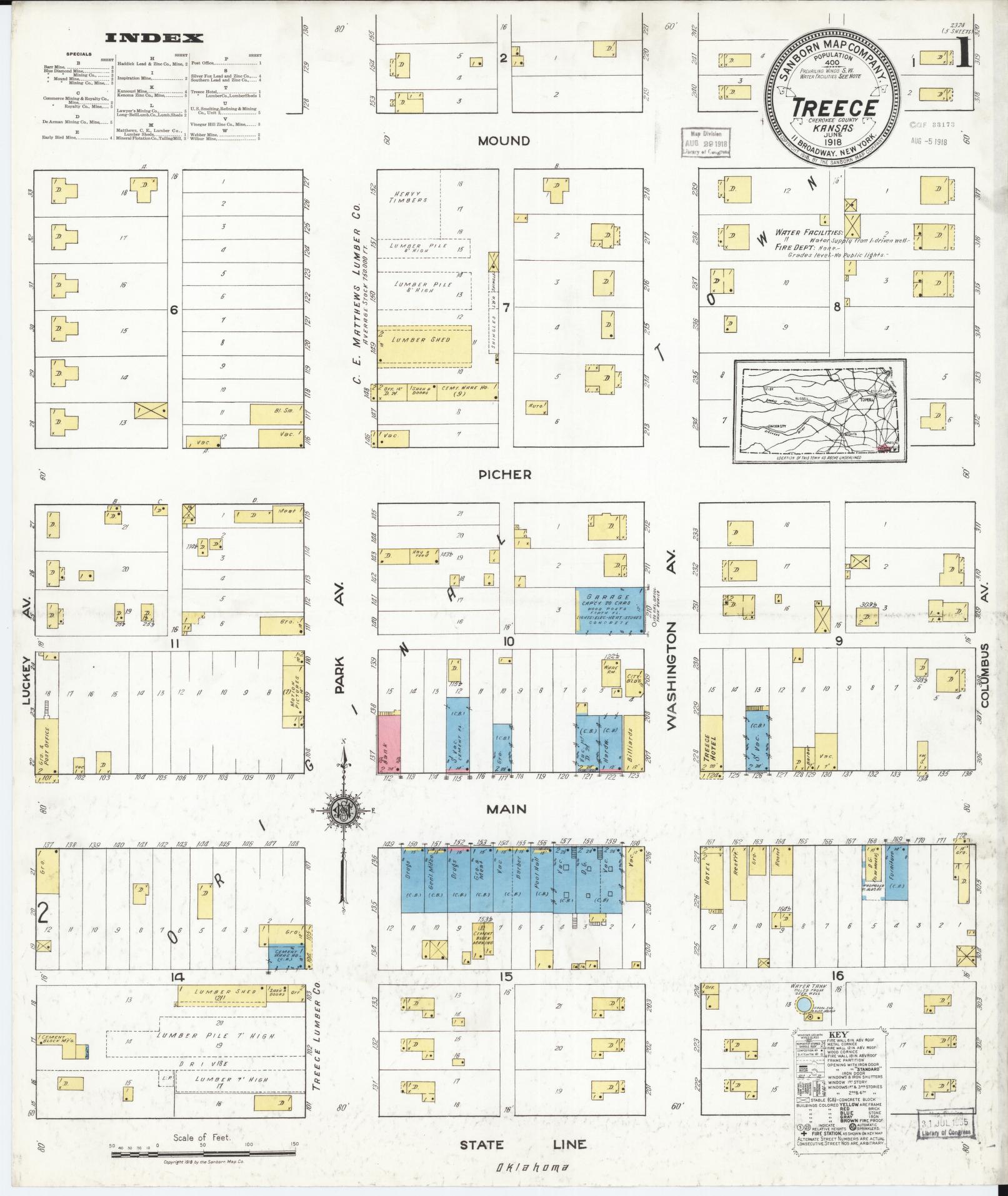 Sanborn Fire Insurance Map from Treece, Cherokee County, Kansas (1918), Sheet #0001 - Historic Sanborn Fire Insurance Map Print, vintage old map wall art, antique decor, genealogy gift, Kansas Kansas map