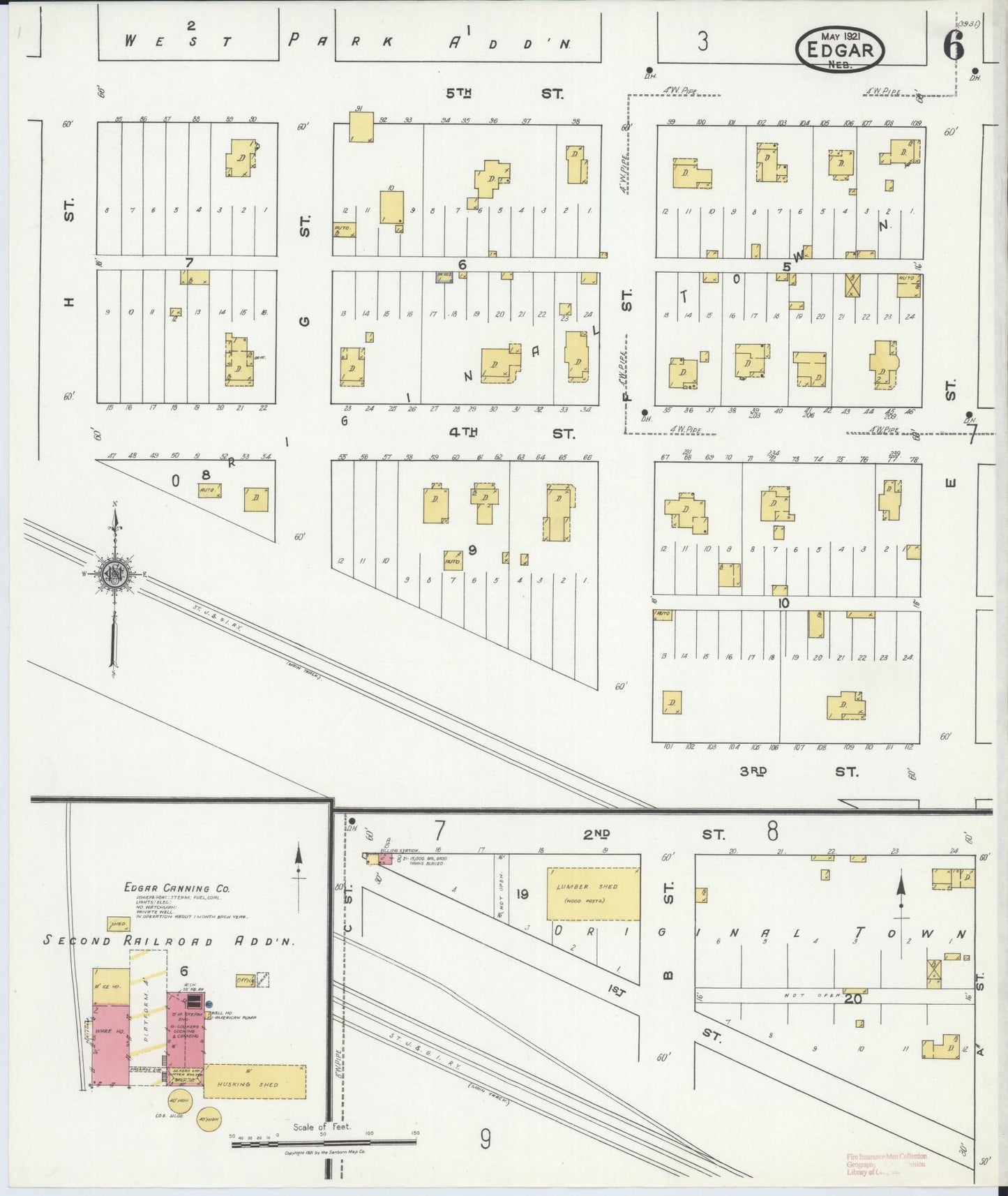 Sanborn Fire Insurance Map from Edgar, Clay County, Nebraska (1921), Sheet #0006 - Historic Sanborn Fire Insurance Map Print, vintage old map wall art, antique decor, genealogy gift, Nebraska Nebraska map