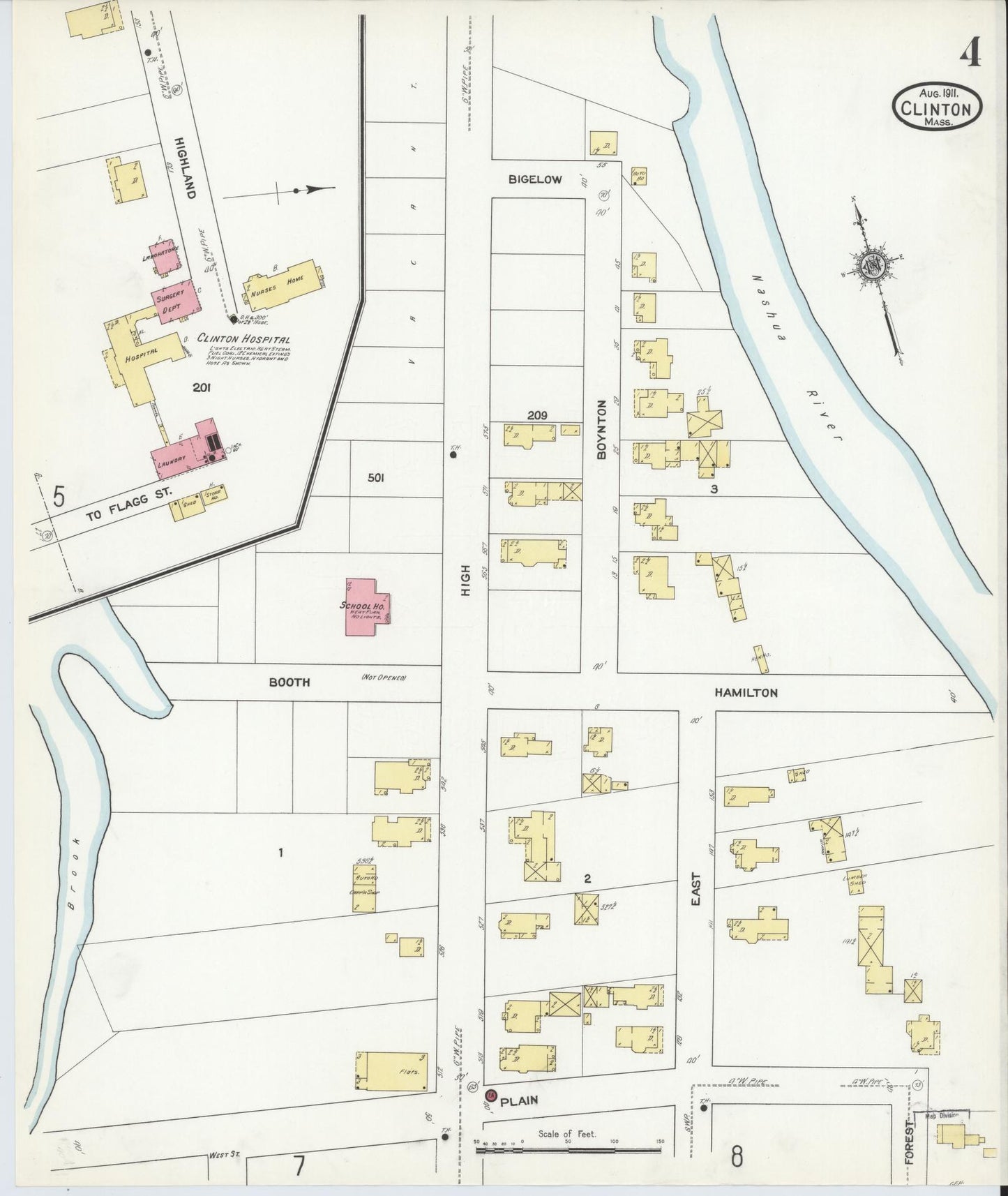 Sanborn Fire Insurance Map from Clinton, Worcester County, Massachusetts (1911), Sheet #0004 - Historic Sanborn Fire Insurance Map Print, vintage old map wall art, antique decor, genealogy gift, Massachusetts Massachusetts map