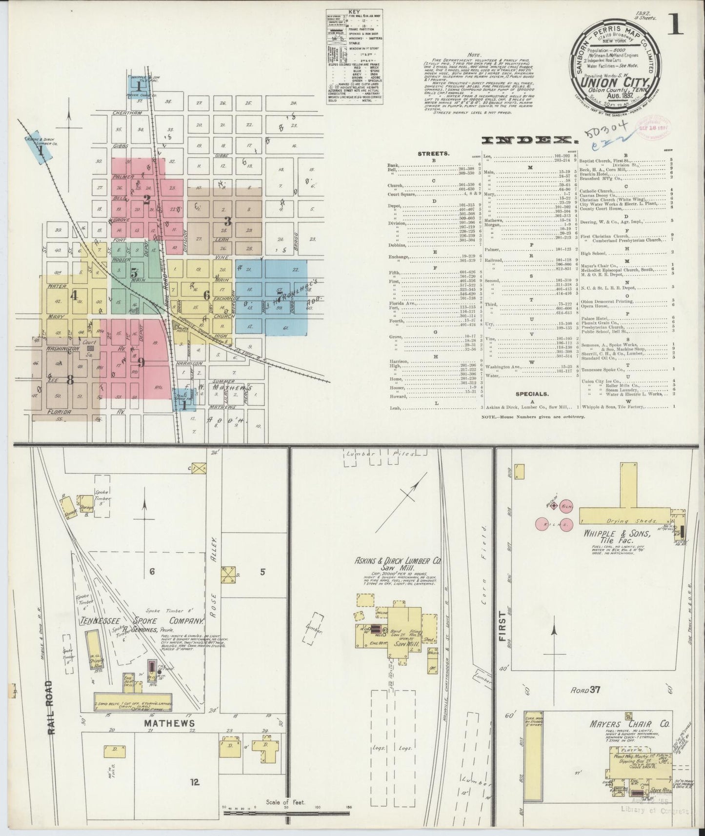 Sanborn Fire Insurance Map from Union City, Obion County, Tennessee (1897), Sheet #0001 - Complete Map Set gallery image, historic Sanborn map, vintage wall art, Tennessee Tennessee