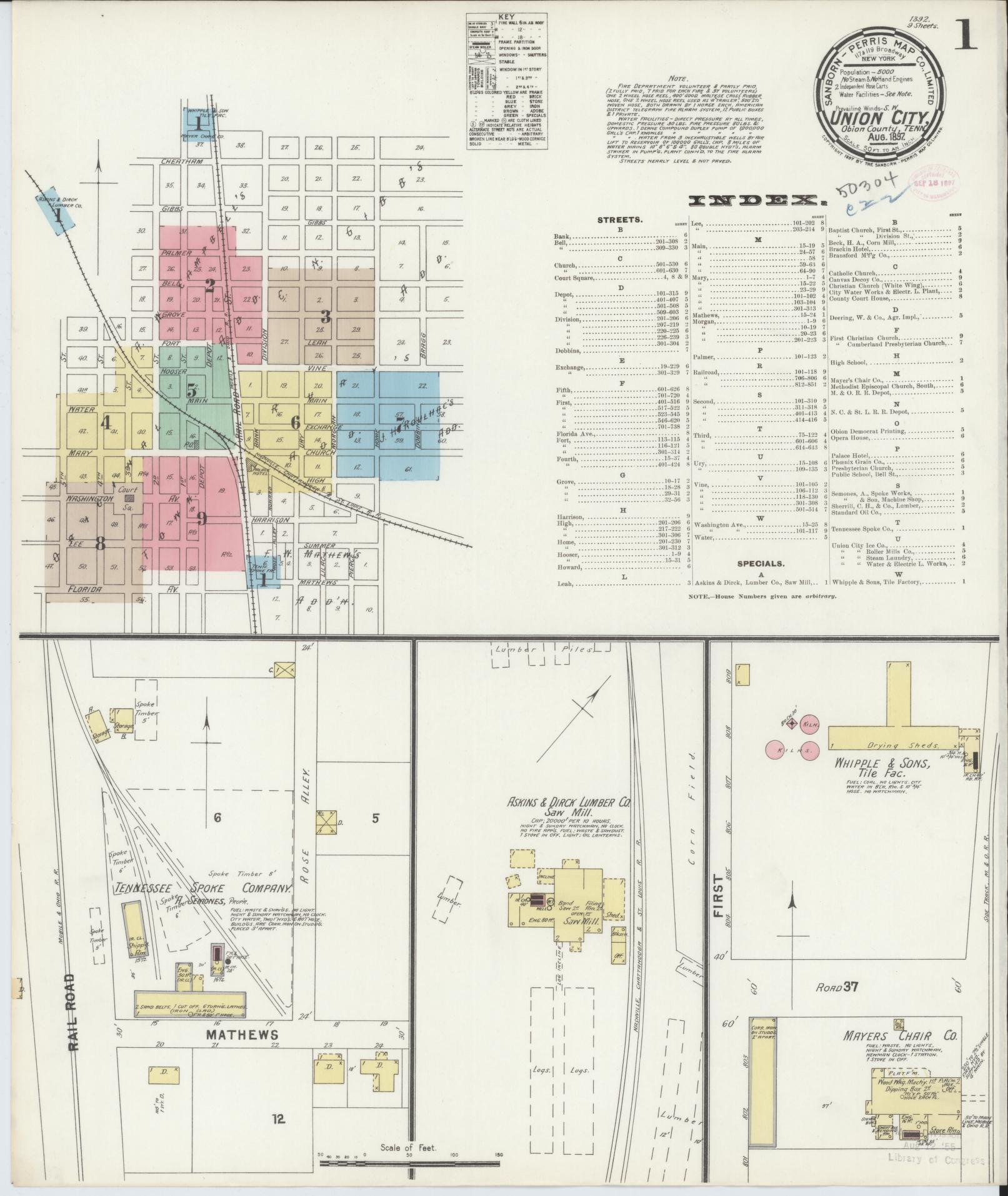 Sanborn Fire Insurance Map from Union City, Obion County, Tennessee (1897), Sheet #0001 - Complete Map Set gallery image, historic Sanborn map, vintage wall art, Tennessee Tennessee