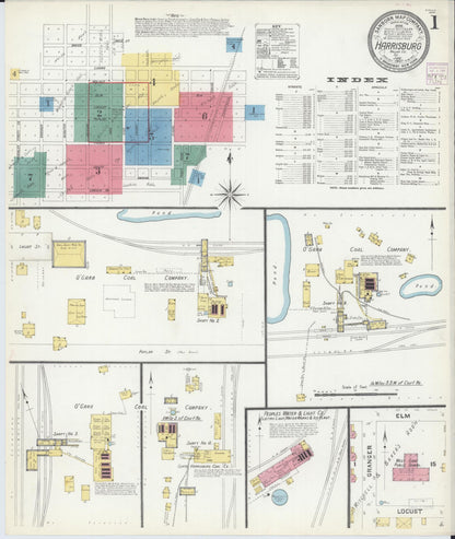 Sanborn Fire Insurance Map from Harrisburg, Saline County, Illinois (1907), Sheet #0001 - Complete Map Set gallery image, historic Sanborn map, vintage wall art, Illinois Illinois