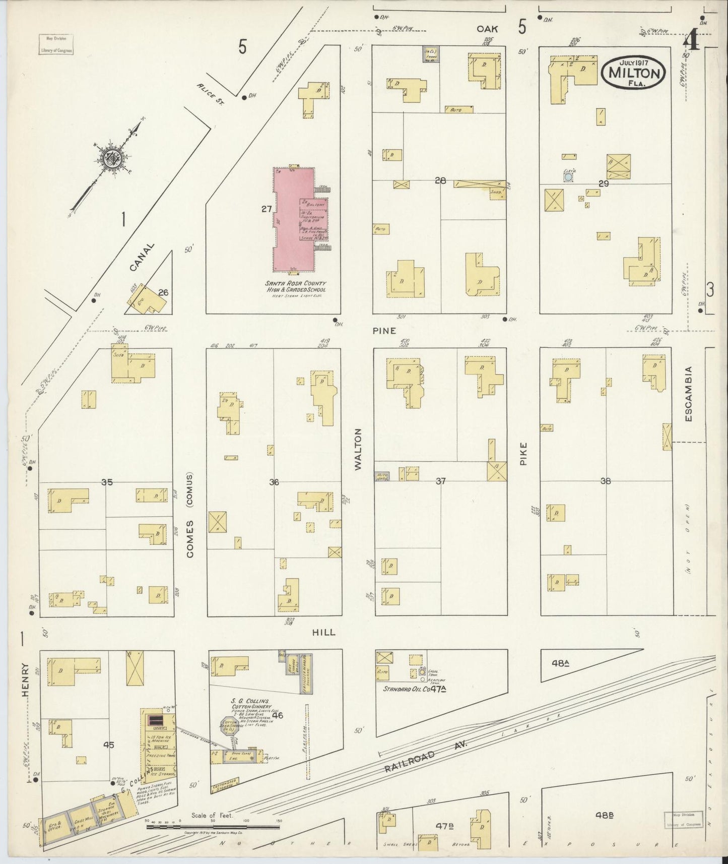 Sanborn Fire Insurance Map from Milton, Santa Rosa County, Florida (1917), Sheet #0004 - Historic Sanborn Fire Insurance Map Print, vintage old map wall art, antique decor, genealogy gift, Florida Florida map