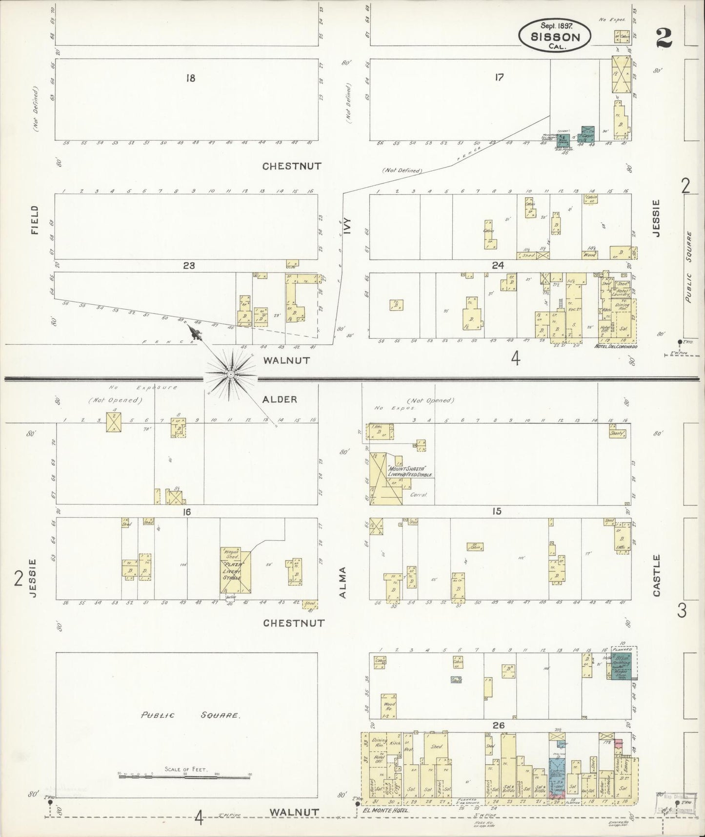 Sanborn Fire Insurance Map from Sisson, Siskiyou County, California (1897), Sheet #0002 - Complete Map Set gallery image, historic Sanborn map, vintage wall art, California California