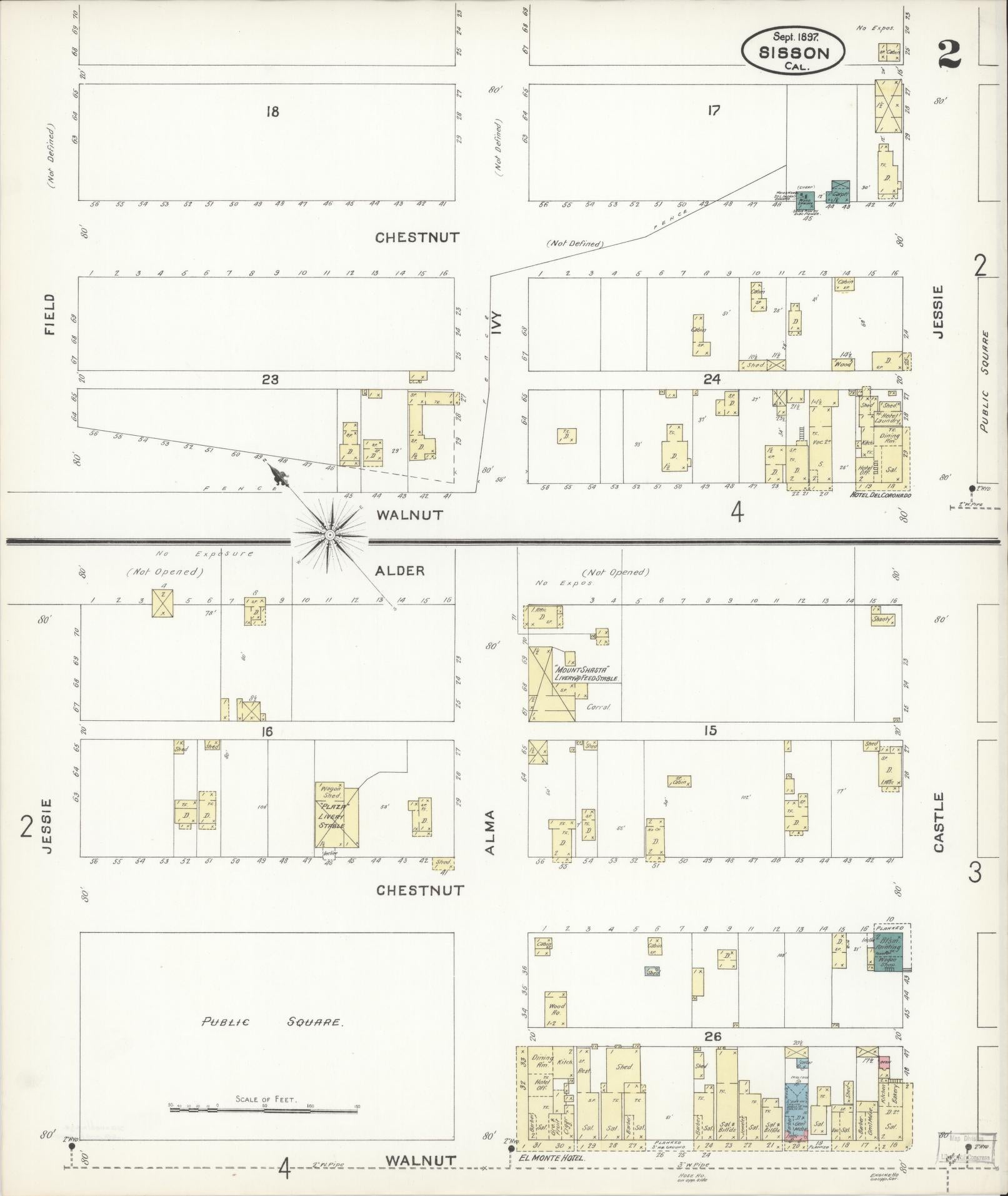 Sanborn Fire Insurance Map from Sisson, Siskiyou County, California (1897), Sheet #0002 - Complete Map Set gallery image, historic Sanborn map, vintage wall art, California California