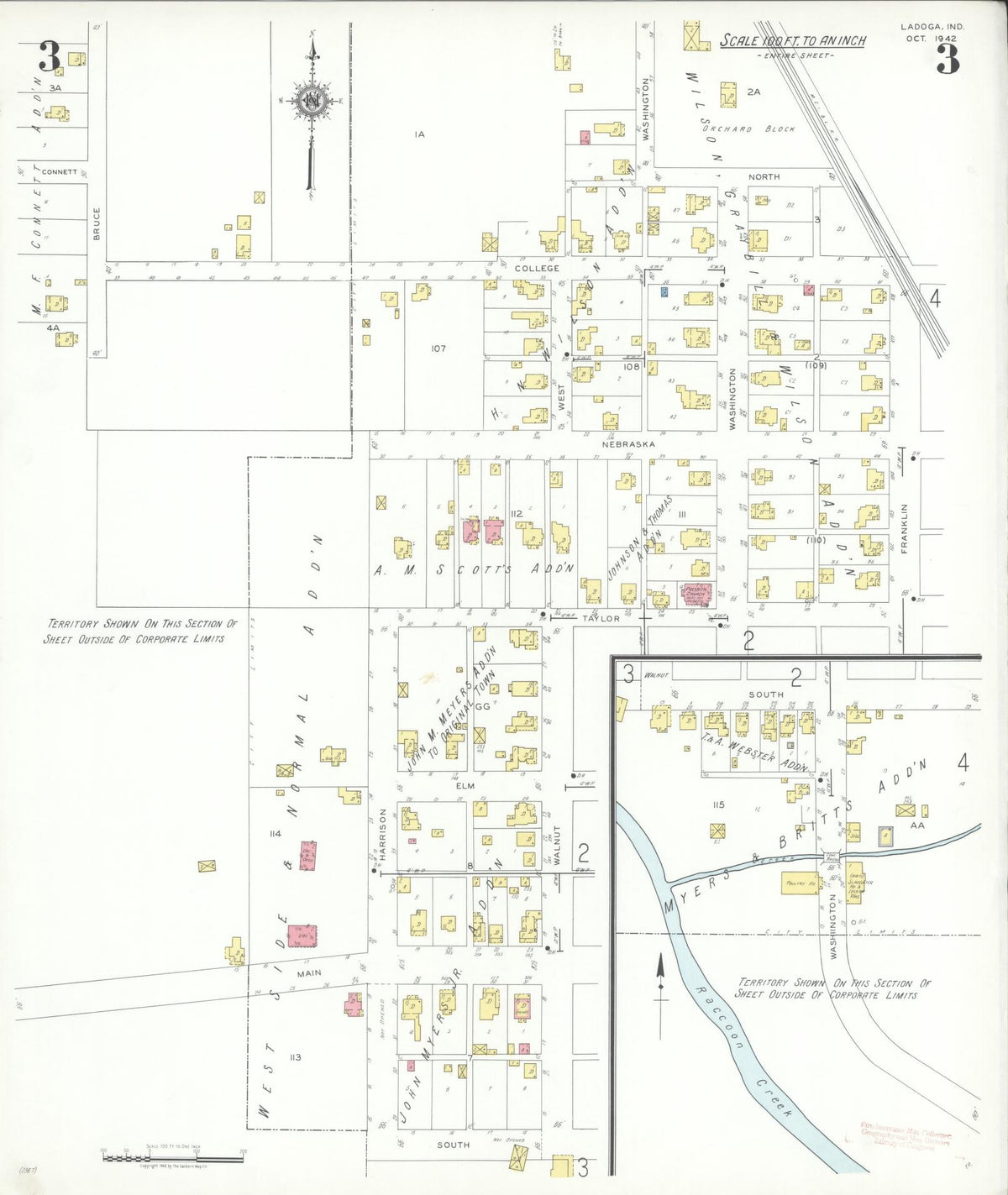 Sanborn Fire Insurance Map from Ladoga, Montgomery County, Indiana (1942), Sheet #0003 - Historic Sanborn Fire Insurance Map Print, vintage old map wall art, antique decor, genealogy gift, Indiana Indiana map