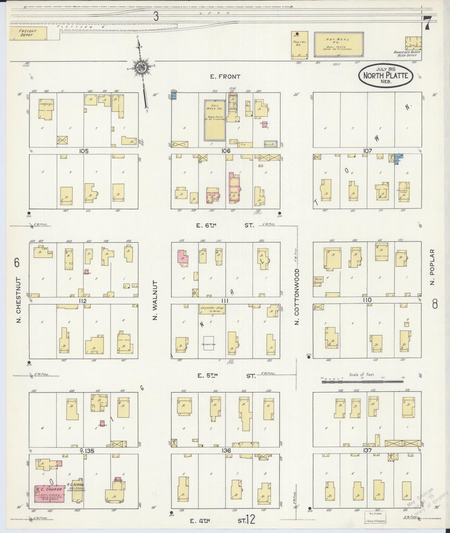 Sanborn Fire Insurance Map from North Platte, Lincoln County, Nebraska (1915), Sheet #0007 - Historic Sanborn Fire Insurance Map Print, vintage old map wall art, antique decor, genealogy gift, Nebraska Nebraska map