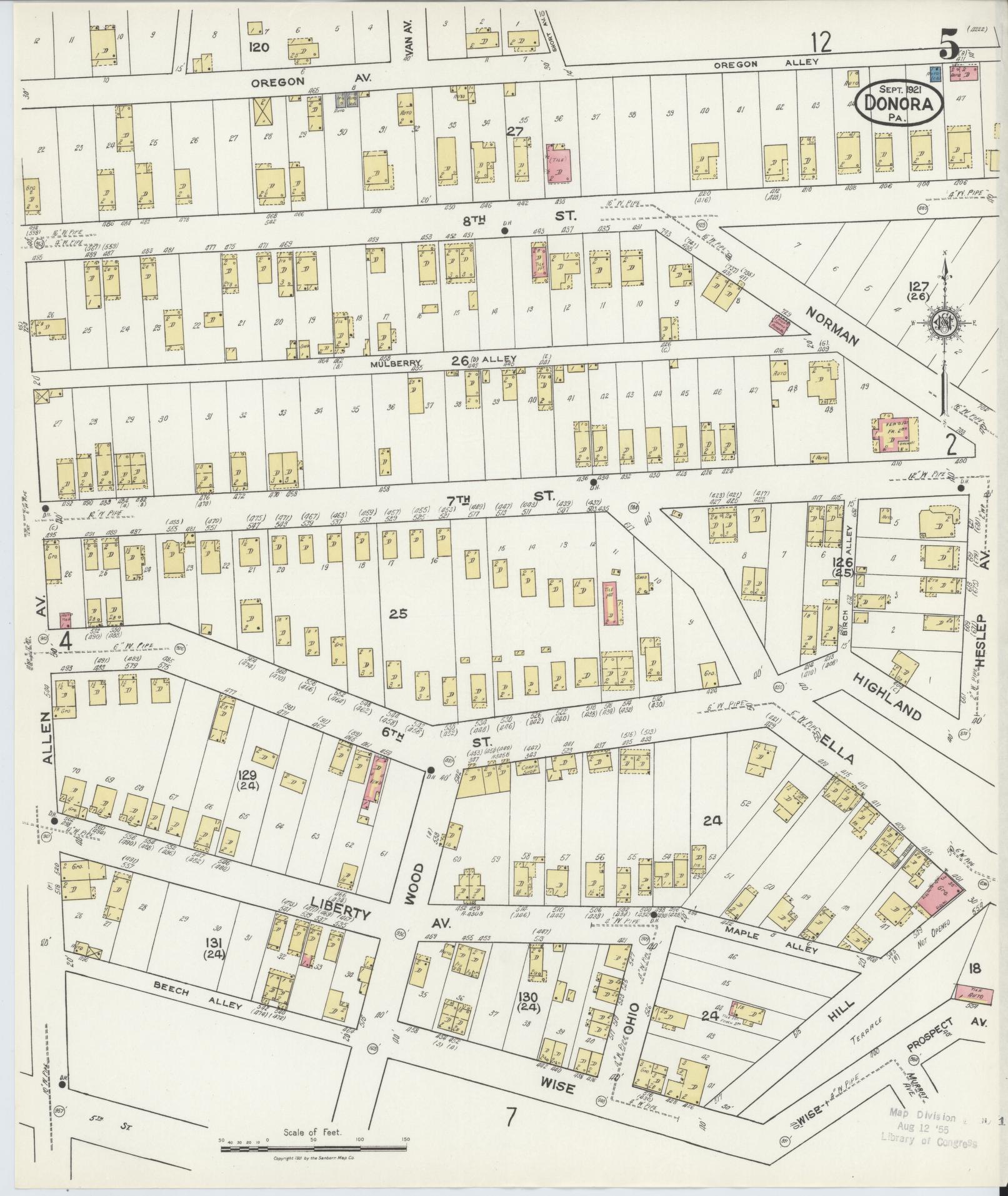 Sanborn Fire Insurance Map from Donora, Washington County, Pennsylvania (1921), Sheet #0005 - Historic Sanborn Fire Insurance Map Print, vintage old map wall art, antique decor, genealogy gift, Pennsylvania Pennsylvania map