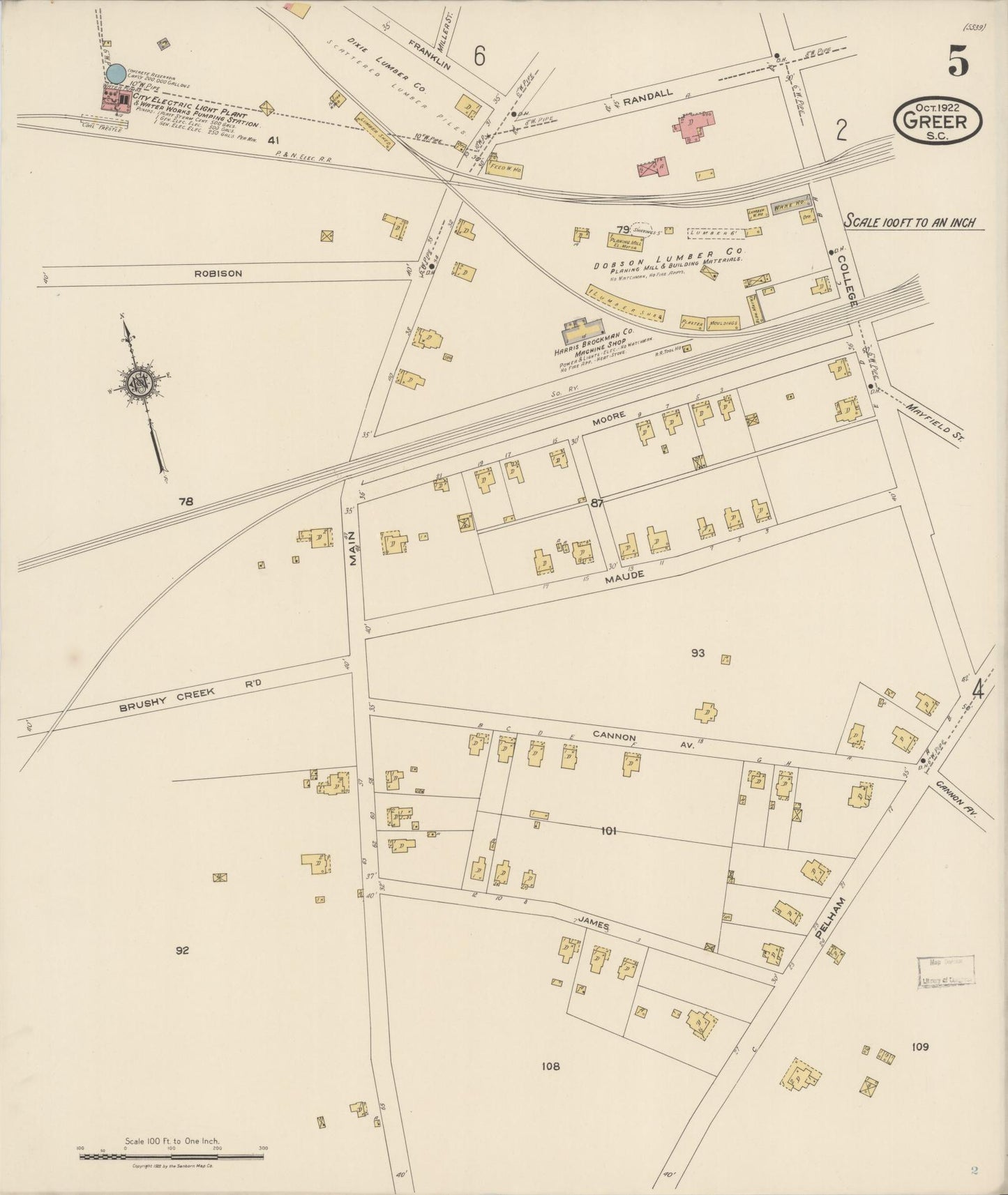 Sanborn Fire Insurance Map from Greer, Greenville and Spartanburg Counties, South Carolina (1922), Sheet #0005 - Complete Map Set gallery image, historic Sanborn map, vintage wall art, South Carolina South Carolina