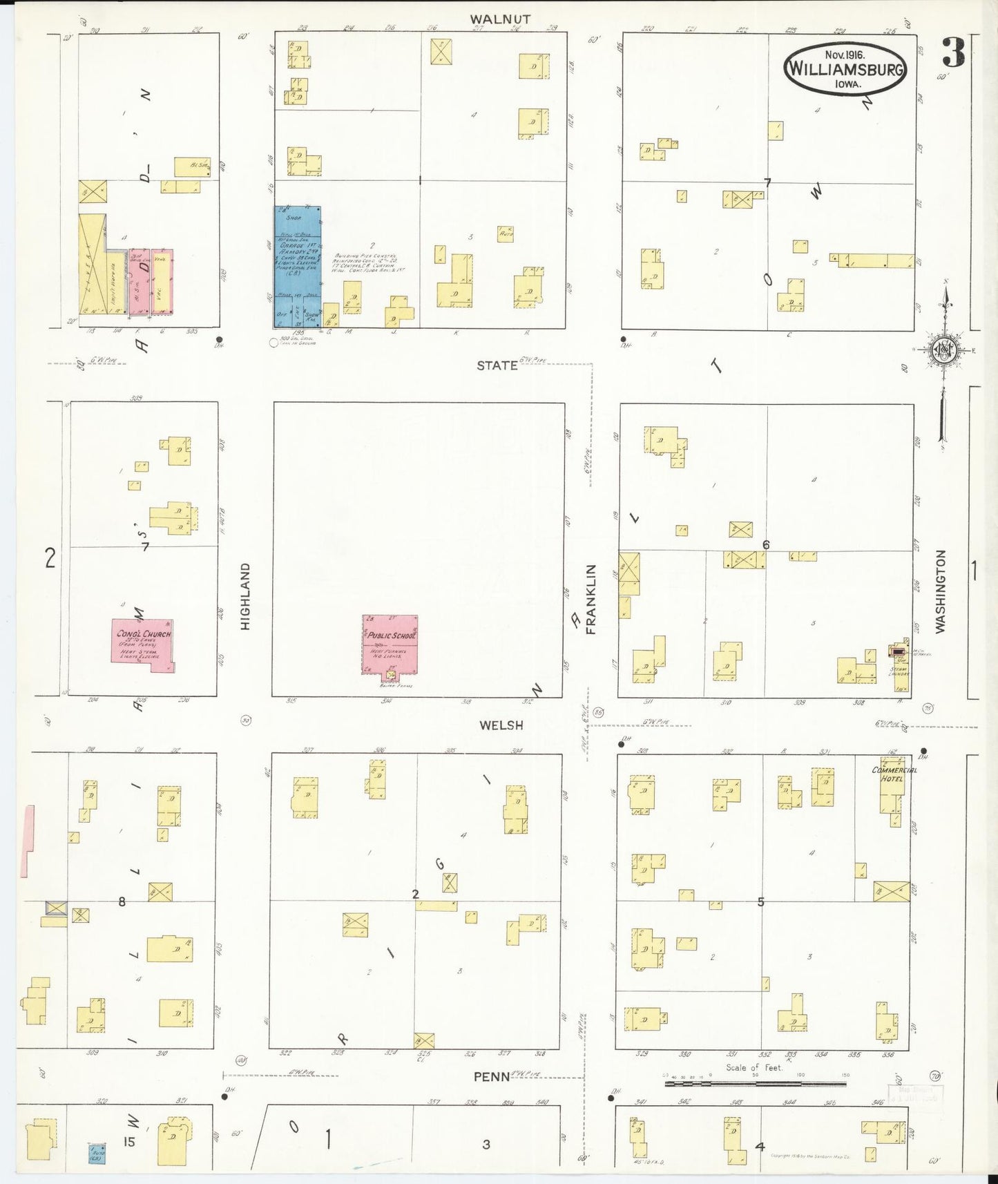 Sanborn Fire Insurance Map from Williamsburg, Iowa County, Iowa (1916), Sheet #0003 - Historic Sanborn Fire Insurance Map Print