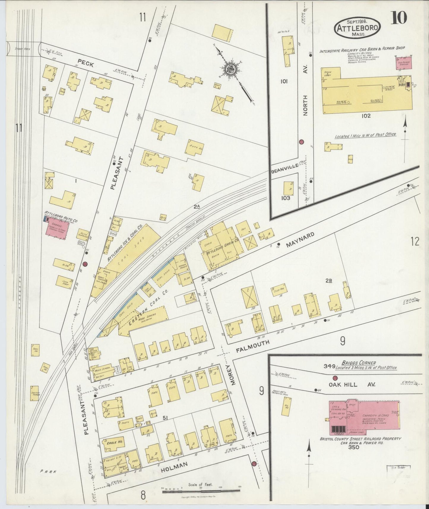 Sanborn Fire Insurance Map from Attleboro, Bristol County, Massachusetts (1916), Sheet #0010 - Complete Map Set gallery image, historic Sanborn map, vintage wall art, Massachusetts Massachusetts