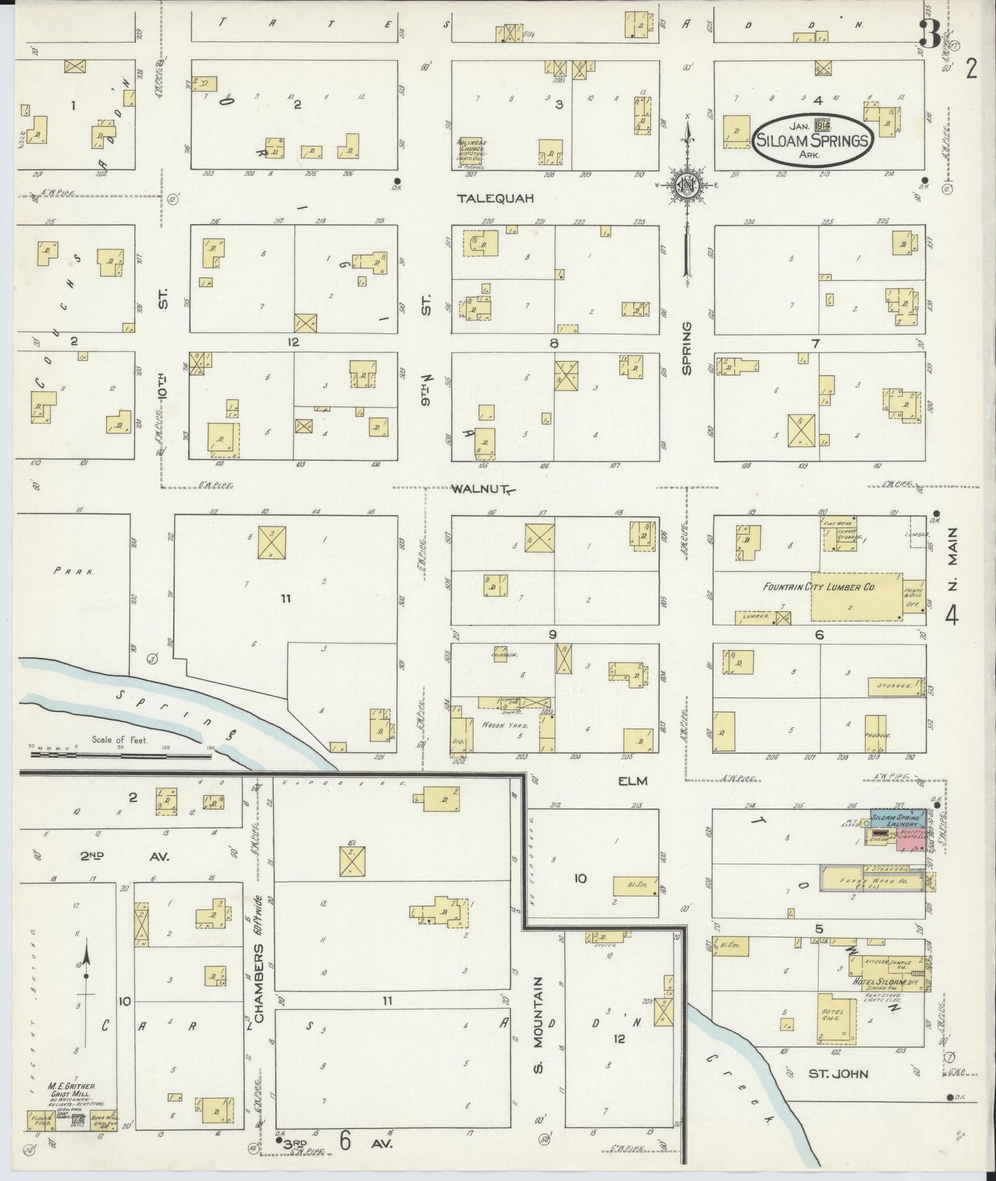 Sanborn Fire Insurance Map from Siloam Springs, Benton County, Arkansas (1914), Sheet #0003 - Complete Map Set gallery image, historic Sanborn map, vintage wall art, Arkansas Arkansas
