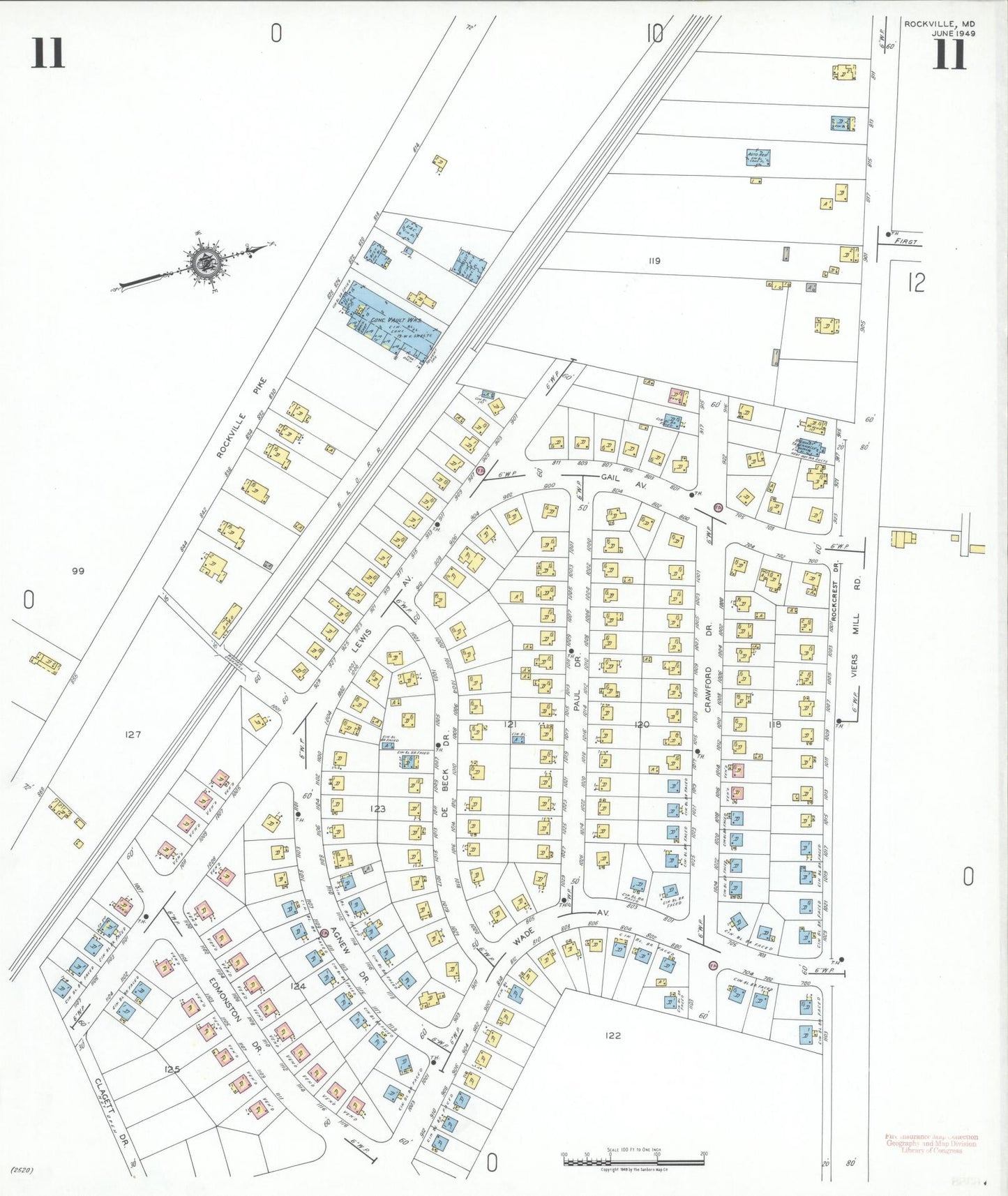 Sanborn Fire Insurance Map from Rockville, Montgomery County, Maryland (1949), Sheet #0011 - Historic Sanborn Fire Insurance Map Print, vintage old map wall art
