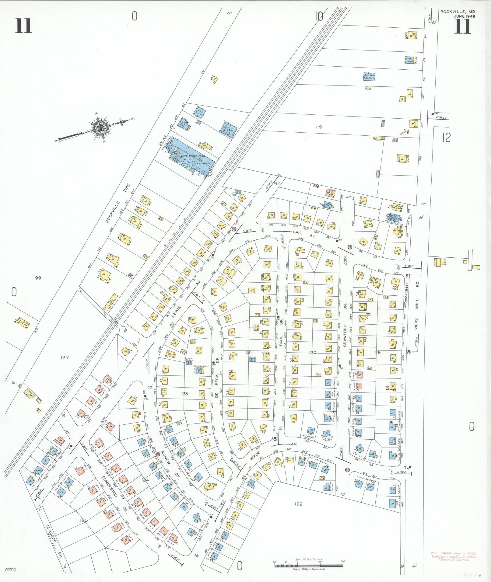 Sanborn Fire Insurance Map from Rockville, Montgomery County, Maryland (1949), Sheet #0011 - Historic Sanborn Fire Insurance Map Print, vintage old map wall art