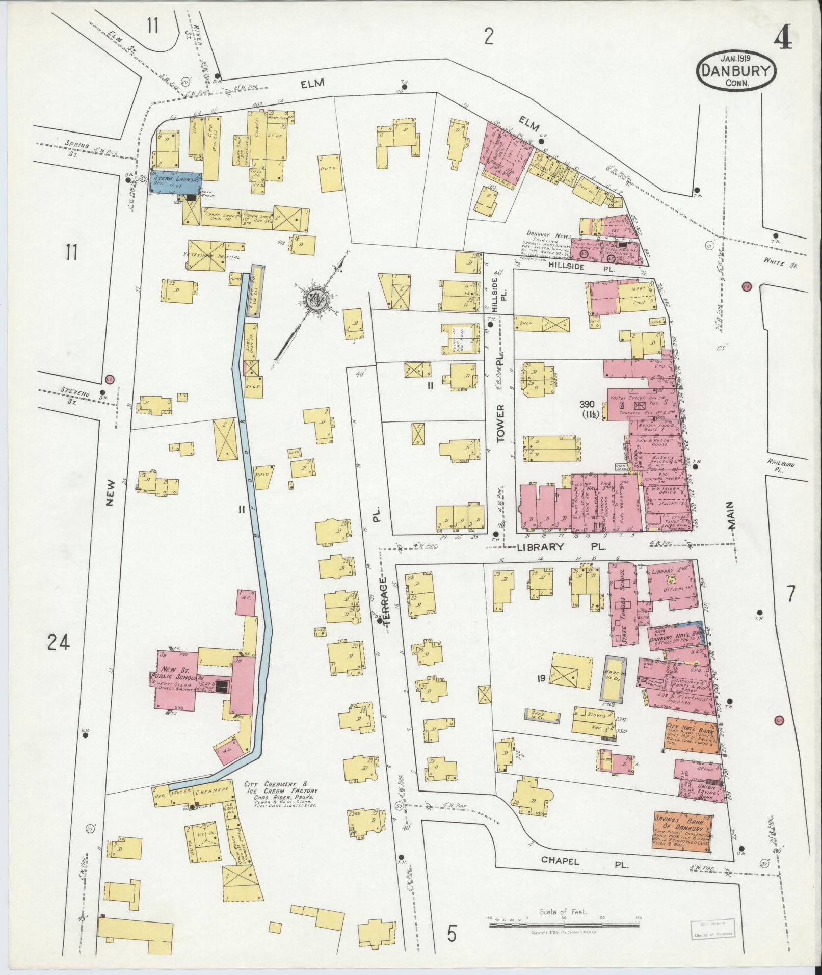 Sanborn Fire Insurance Map from Danbury, Fairfield County, Connecticut (1919), Sheet #0004 - Complete Map Set gallery image, historic Sanborn map, vintage wall art, Connecticut Connecticut