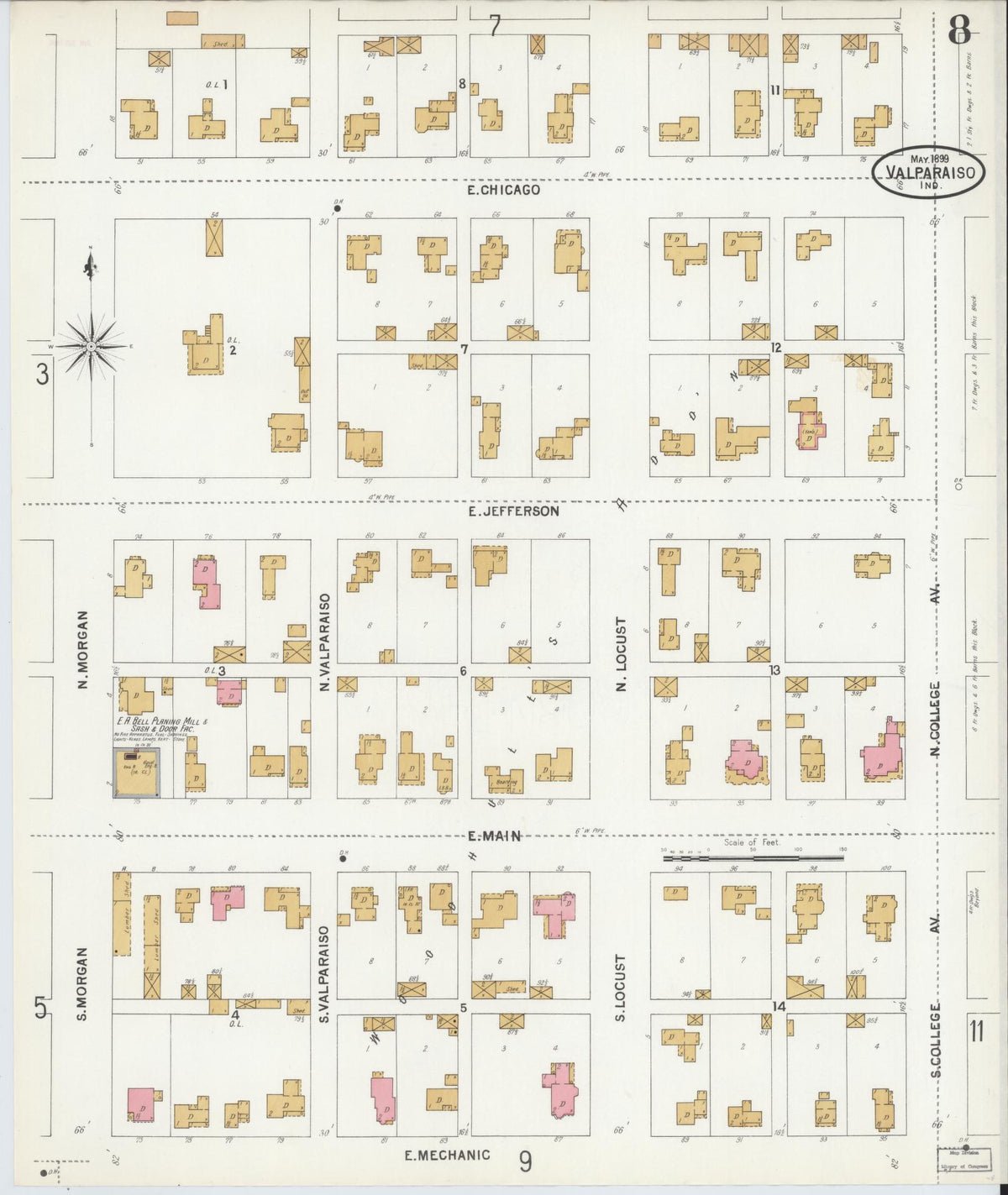 Sanborn Fire Insurance Map from Valparaiso, Porter County, Indiana (1899), Sheet #0008 - Historic Sanborn Fire Insurance Map Print, vintage old map wall art, antique decor, genealogy gift, Indiana Indiana map