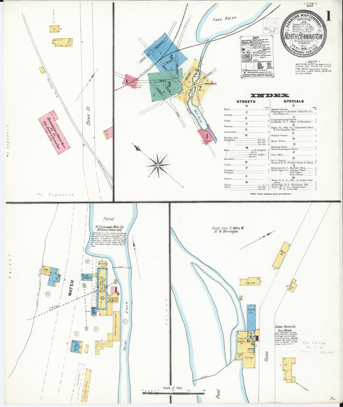 Sanborn Fire Insurance Map from North Bennington, Bennington County, Vermont (1906), Sheet #0001 - Historic Sanborn Fire Insurance Map Print, vintage old map wall art, antique decor, genealogy gift, Vermont Vermont map