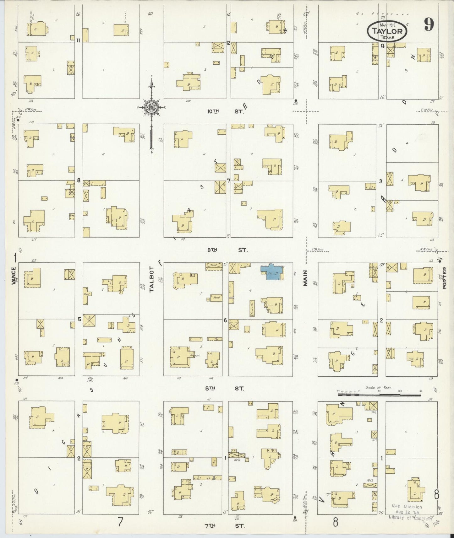 Sanborn Fire Insurance Map from Taylor, Williamson County, Texas (1912), Sheet #0009 - Complete Map Set gallery image, historic Sanborn map, vintage wall art, Texas Texas