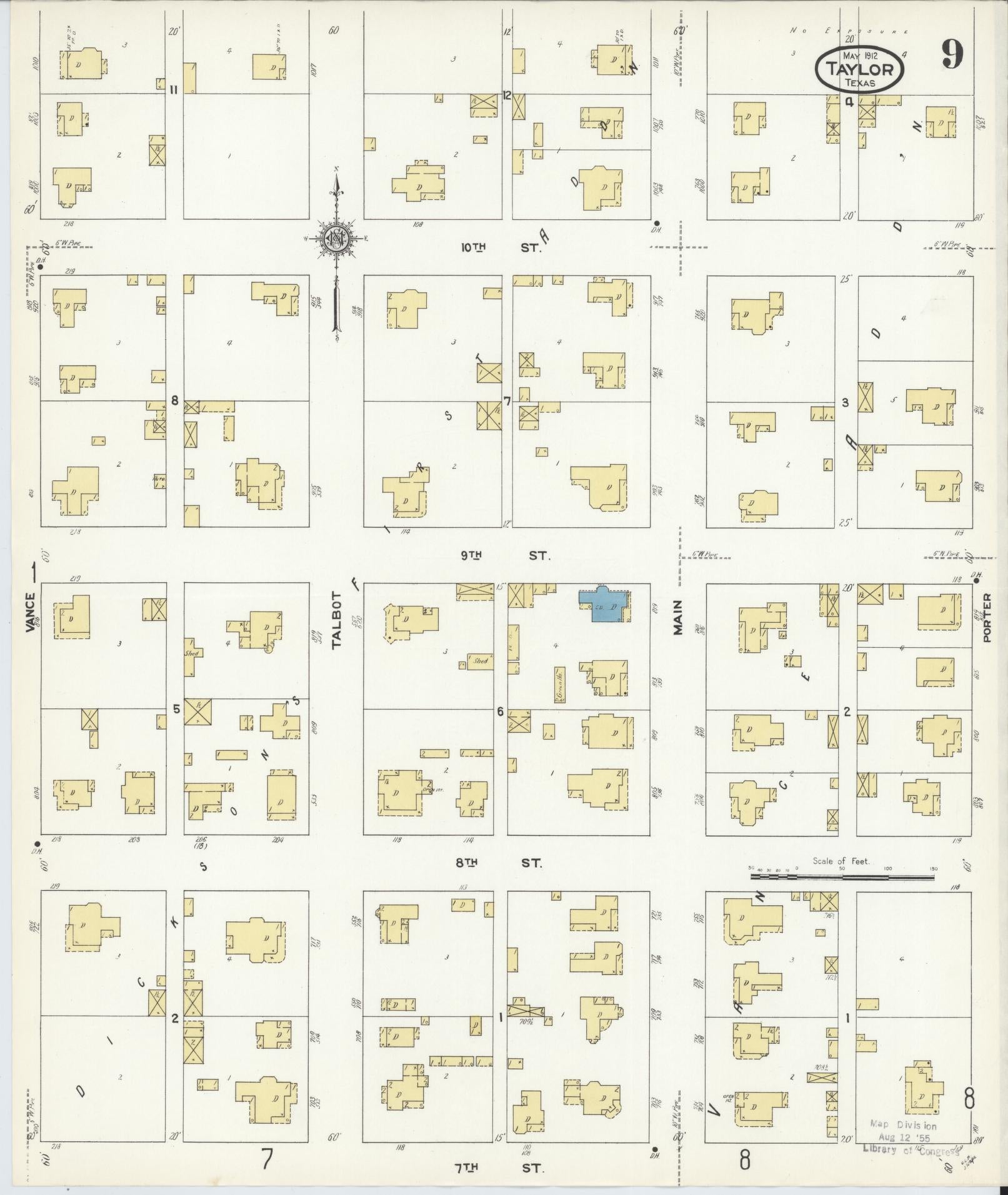 Sanborn Fire Insurance Map from Taylor, Williamson County, Texas (1912), Sheet #0009 - Complete Map Set gallery image, historic Sanborn map, vintage wall art, Texas Texas