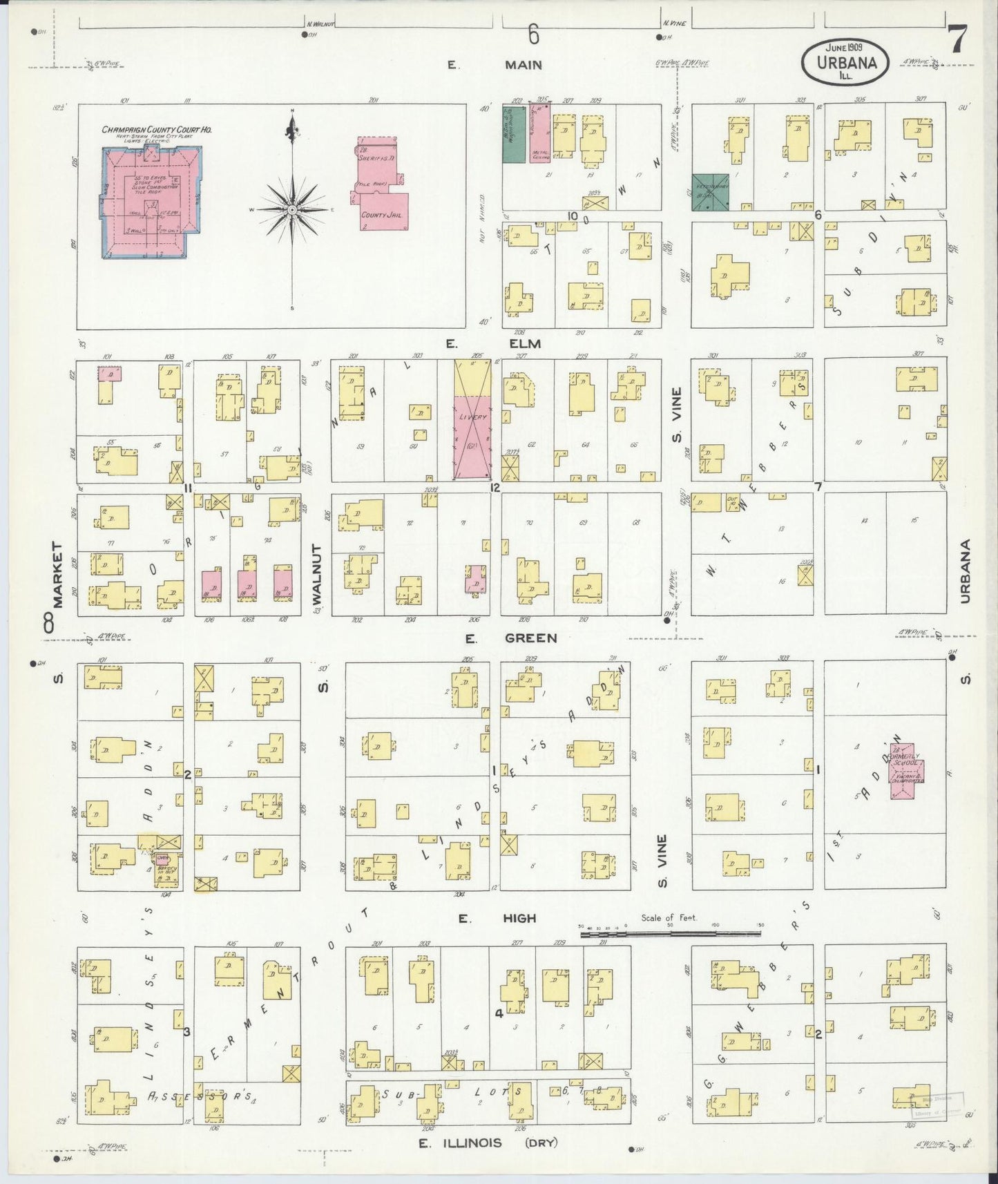 Sanborn Fire Insurance Map from Urbana, Champaign County, Illinois (1909), Sheet #0007 - Complete Map Set gallery image, historic Sanborn map, vintage wall art, Illinois Illinois