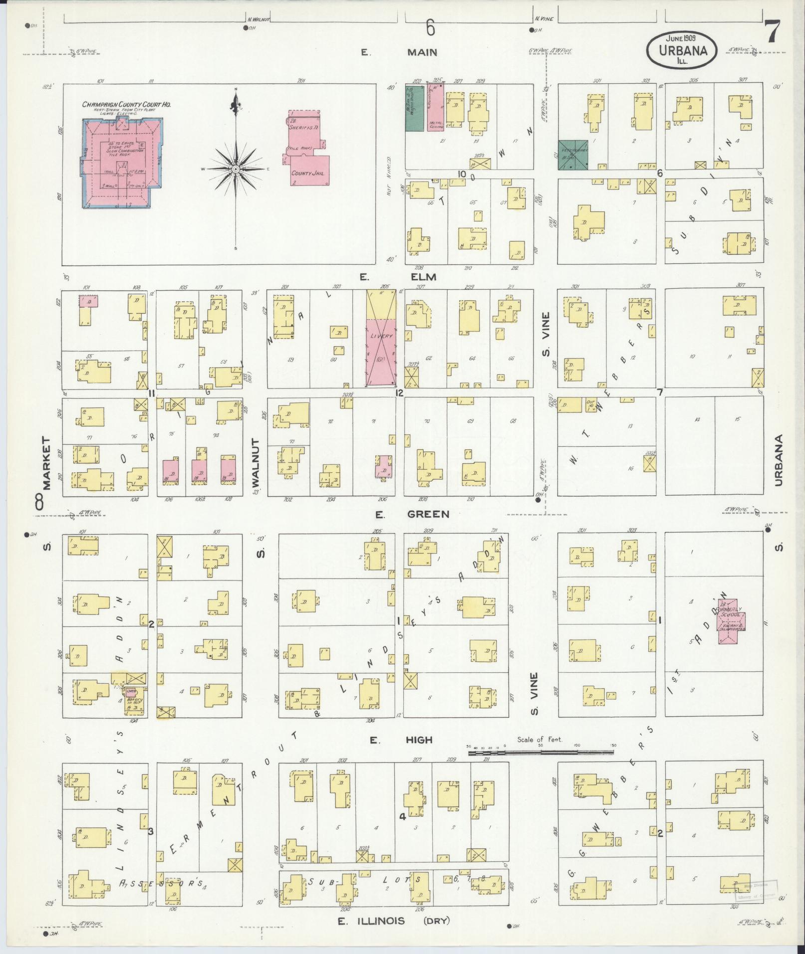Sanborn Fire Insurance Map from Urbana, Champaign County, Illinois (1909), Sheet #0007 - Complete Map Set gallery image, historic Sanborn map, vintage wall art, Illinois Illinois