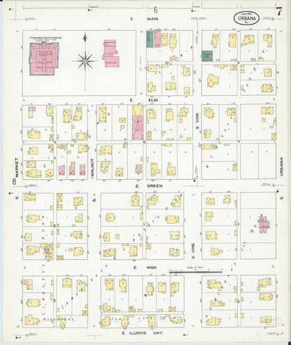 Sanborn Fire Insurance Map from Urbana, Champaign County, Illinois (1909), Sheet #0007 - Complete Map Set gallery image, historic Sanborn map, vintage wall art, Illinois Illinois