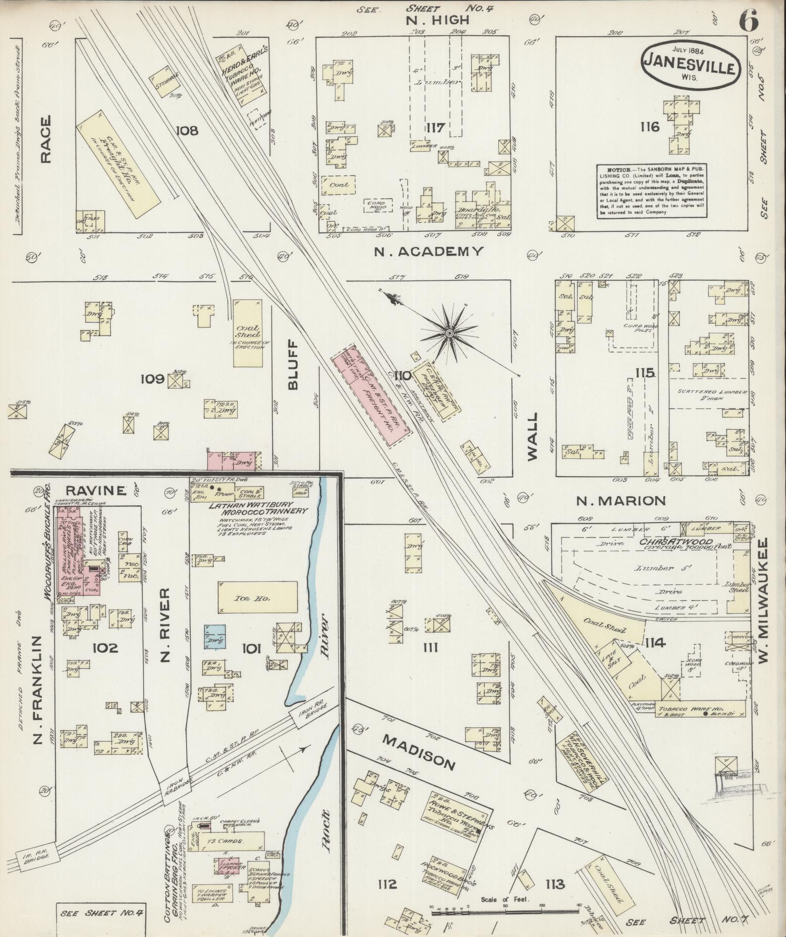 Sanborn Fire Insurance Map from Janesville, Rock County, Wisconsin (1884), Sheet #0006 - Historic Sanborn Fire Insurance Map Print, vintage old map wall art, antique decor, genealogy gift, Wisconsin Wisconsin map