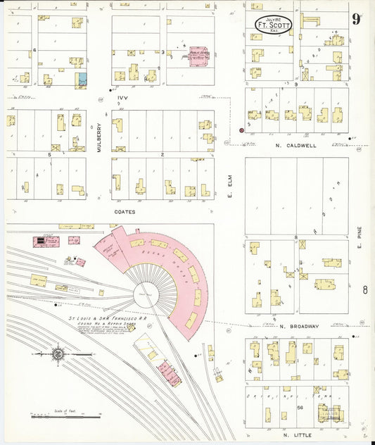 Sanborn Fire Insurance Map from Fort Scott, Bourbon County, Kansas (1912), Sheet #0009 - Historic Sanborn Fire Insurance Map Print, vintage old map wall art, antique decor, genealogy gift, Kansas Kansas map