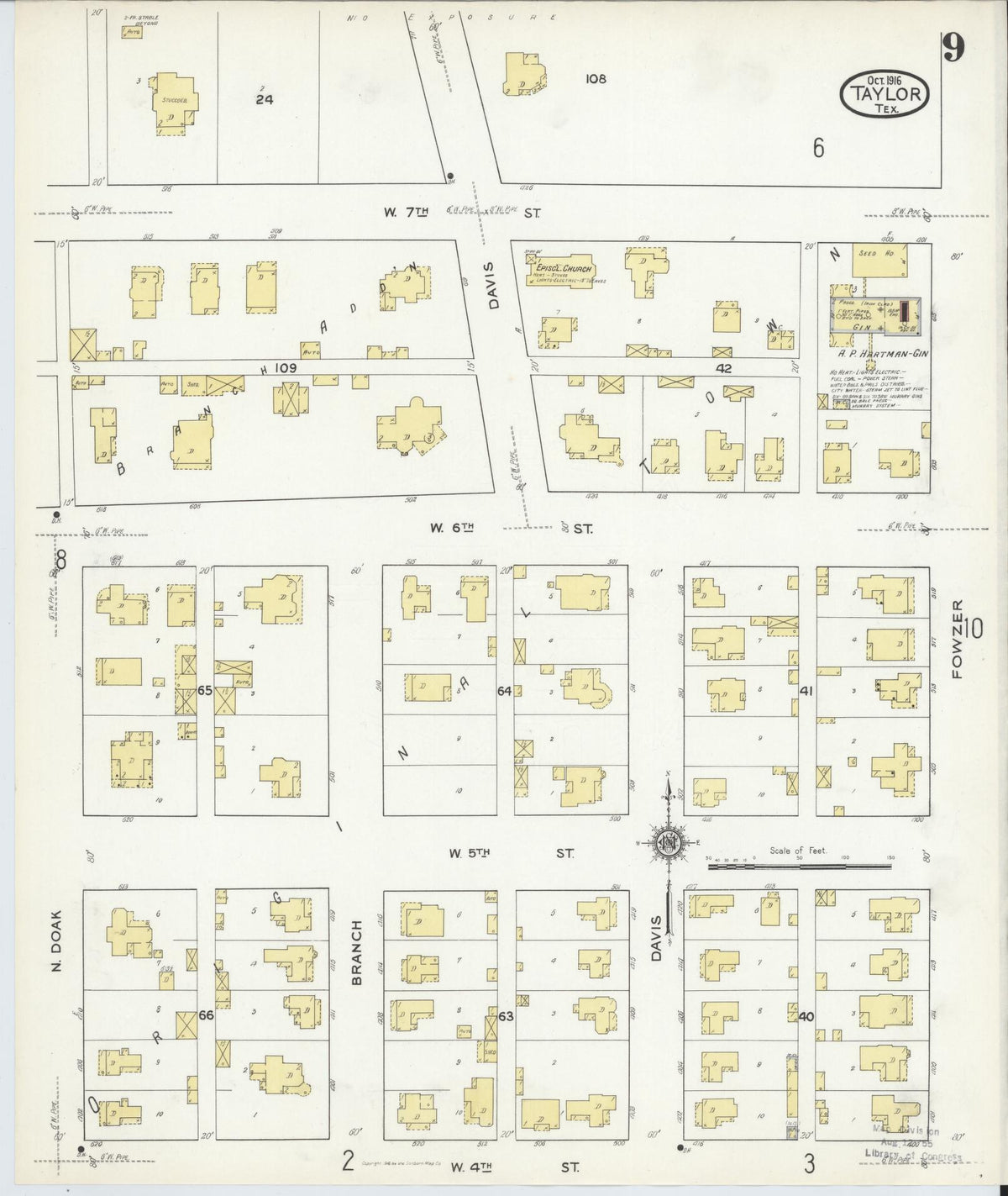 Sanborn Fire Insurance Map from Taylor, Williamson County, Texas (1916), Sheet #0009 - Historic Sanborn Fire Insurance Map Print, vintage old map wall art, antique decor, genealogy gift, Texas Texas map