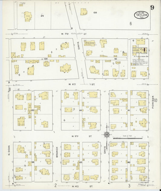 Sanborn Fire Insurance Map from Taylor, Williamson County, Texas (1916), Sheet #0009 - Historic Sanborn Fire Insurance Map Print, vintage old map wall art, antique decor, genealogy gift, Texas Texas map