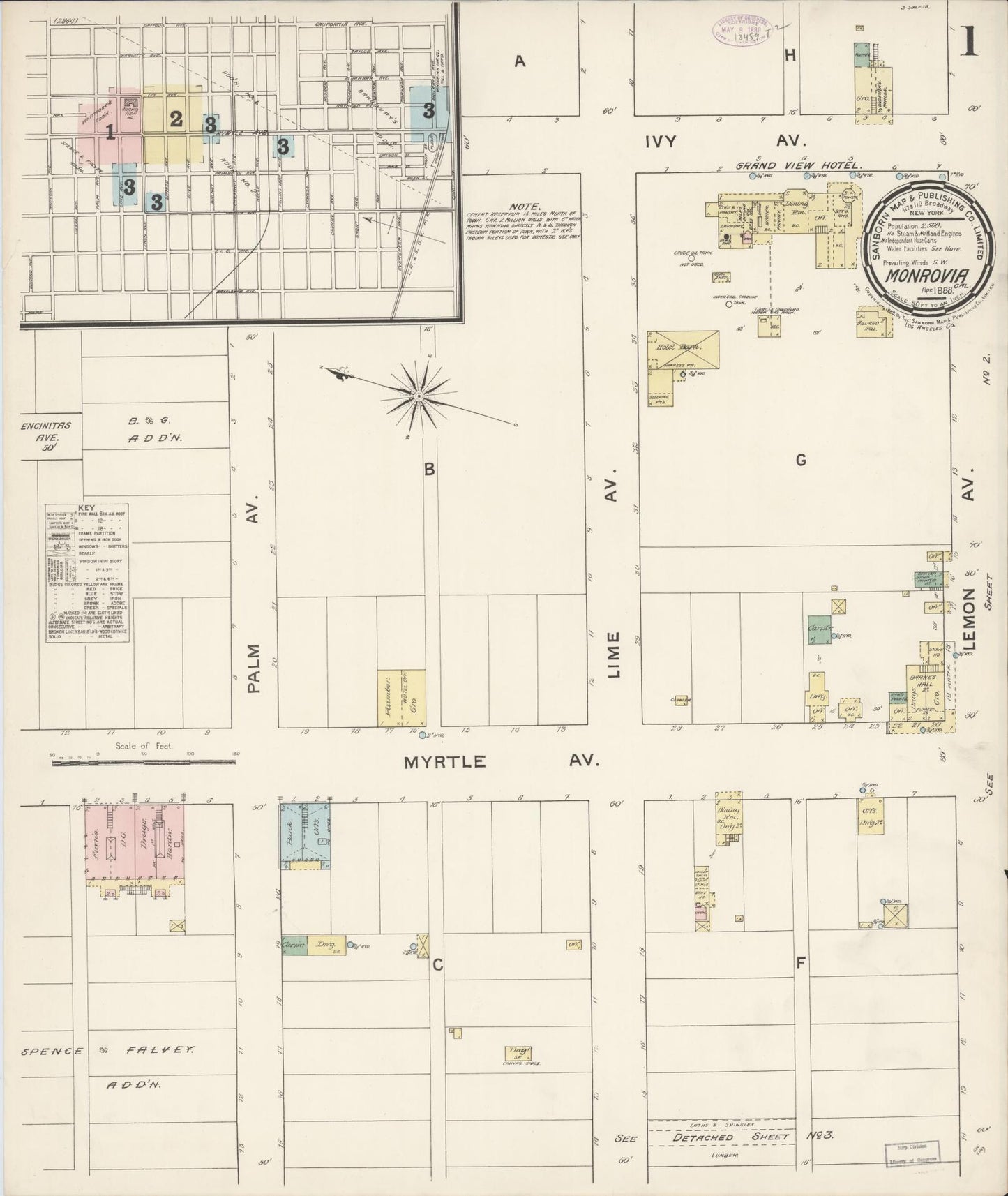 Sanborn Fire Insurance Map from Monrovia, Los Angeles County, California (1888), Sheet #0001 - Complete Map Set gallery image, historic Sanborn map, vintage wall art, California California
