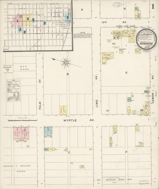 Sanborn Fire Insurance Map from Monrovia, Los Angeles County, California (1888), Sheet #0001 - Complete Map Set gallery image, historic Sanborn map, vintage wall art, California California