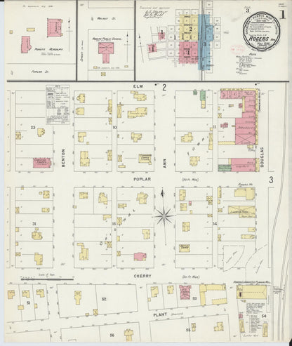 Sanborn Fire Insurance Map from Rogers, Benton County, Arkansas (1896), Sheet #0001 - Complete Map Set gallery image, historic Sanborn map, vintage wall art, Arkansas Arkansas