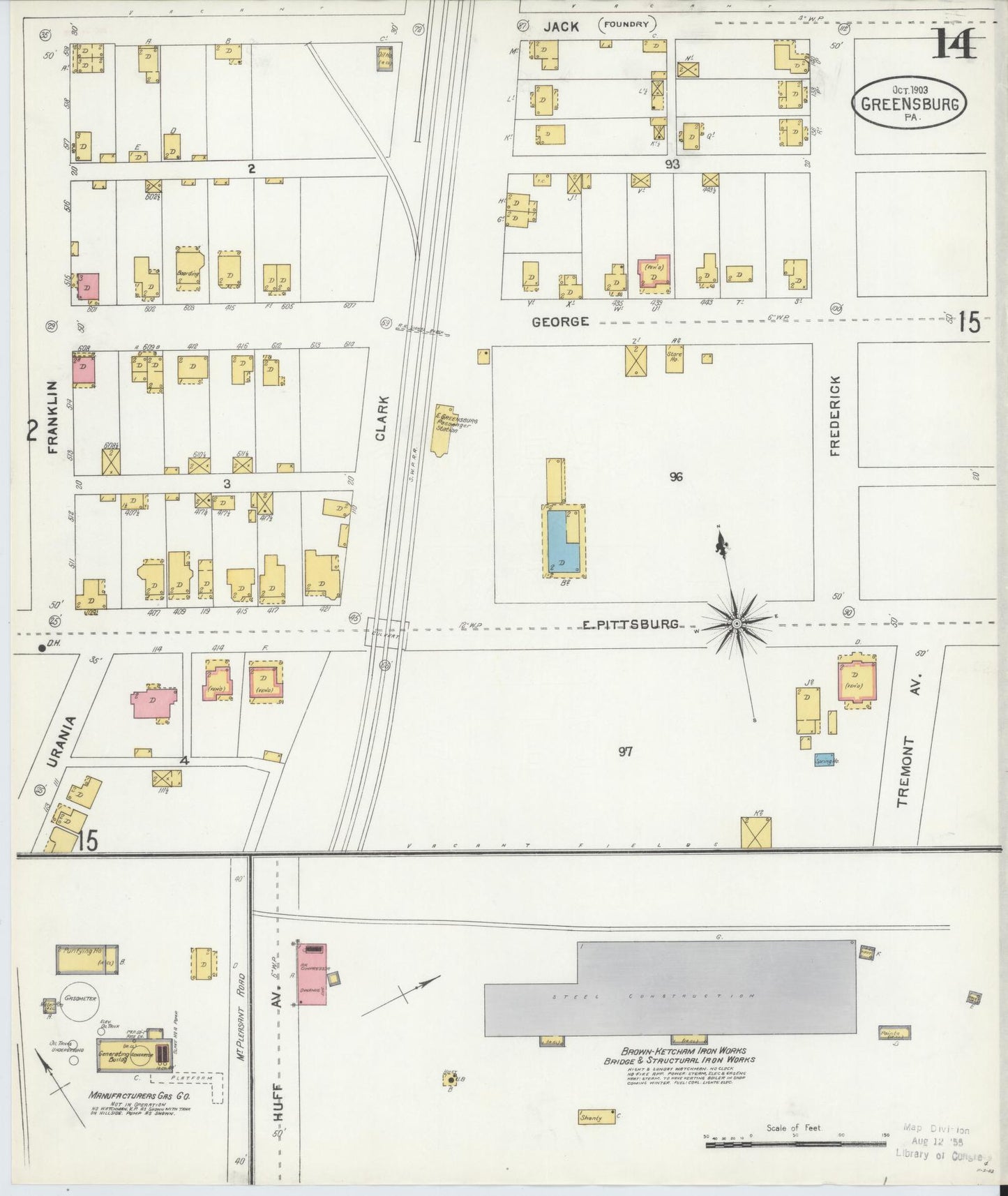Sanborn Fire Insurance Map from Greensburg, Westmoreland County, Pennsylvania (1903), Sheet #0014 - Historic Sanborn Fire Insurance Map Print, vintage old map wall art, antique decor, genealogy gift, Pennsylvania Pennsylvania map