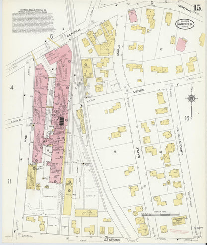Sanborn Fire Insurance Map from Gardner, Worcester County, Massachusetts (1909), Sheet #0015 - Historic Sanborn Fire Insurance Map Print, vintage old map wall art, antique decor, genealogy gift, Massachusetts Massachusetts map