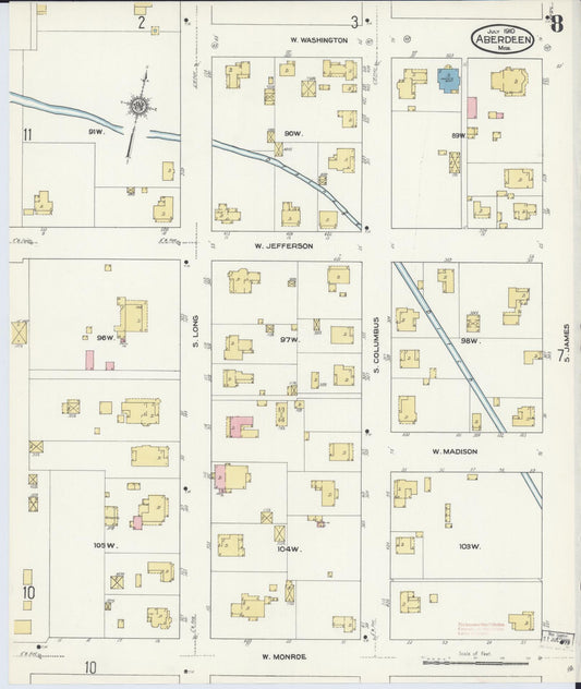 Sanborn Fire Insurance Map from Aberdeen, Monroe County, Mississippi (1910), Sheet #0008 - Historic Sanborn Fire Insurance Map Print, vintage old map wall art, antique decor, genealogy gift, Mississippi Mississippi map