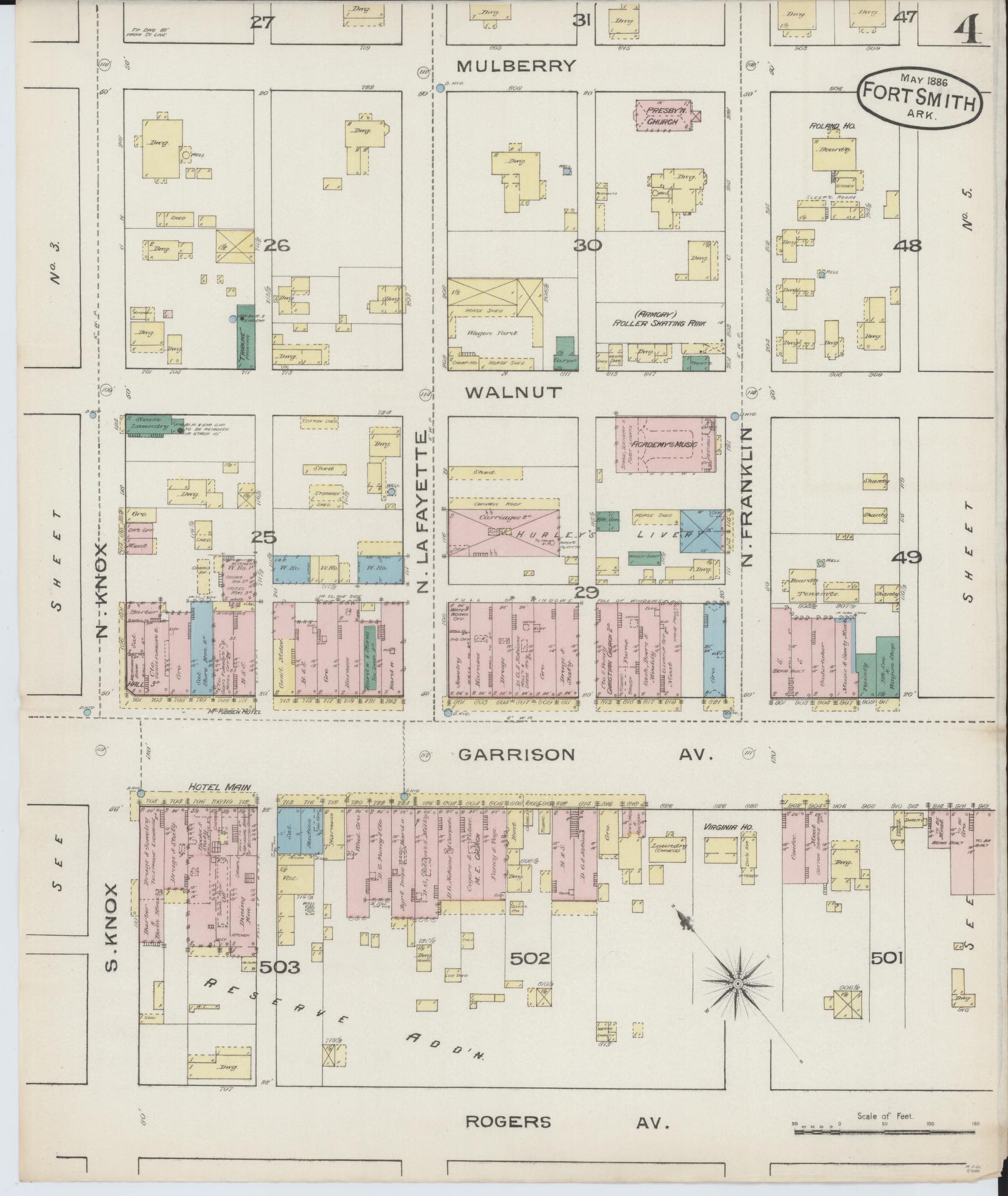 Sanborn Fire Insurance Map from Fort Smith, Sebastian County, Arkansas (1886), Sheet #0004 - Historic Sanborn Fire Insurance Map Print, vintage old map wall art, antique decor, genealogy gift, Arkansas Arkansas map